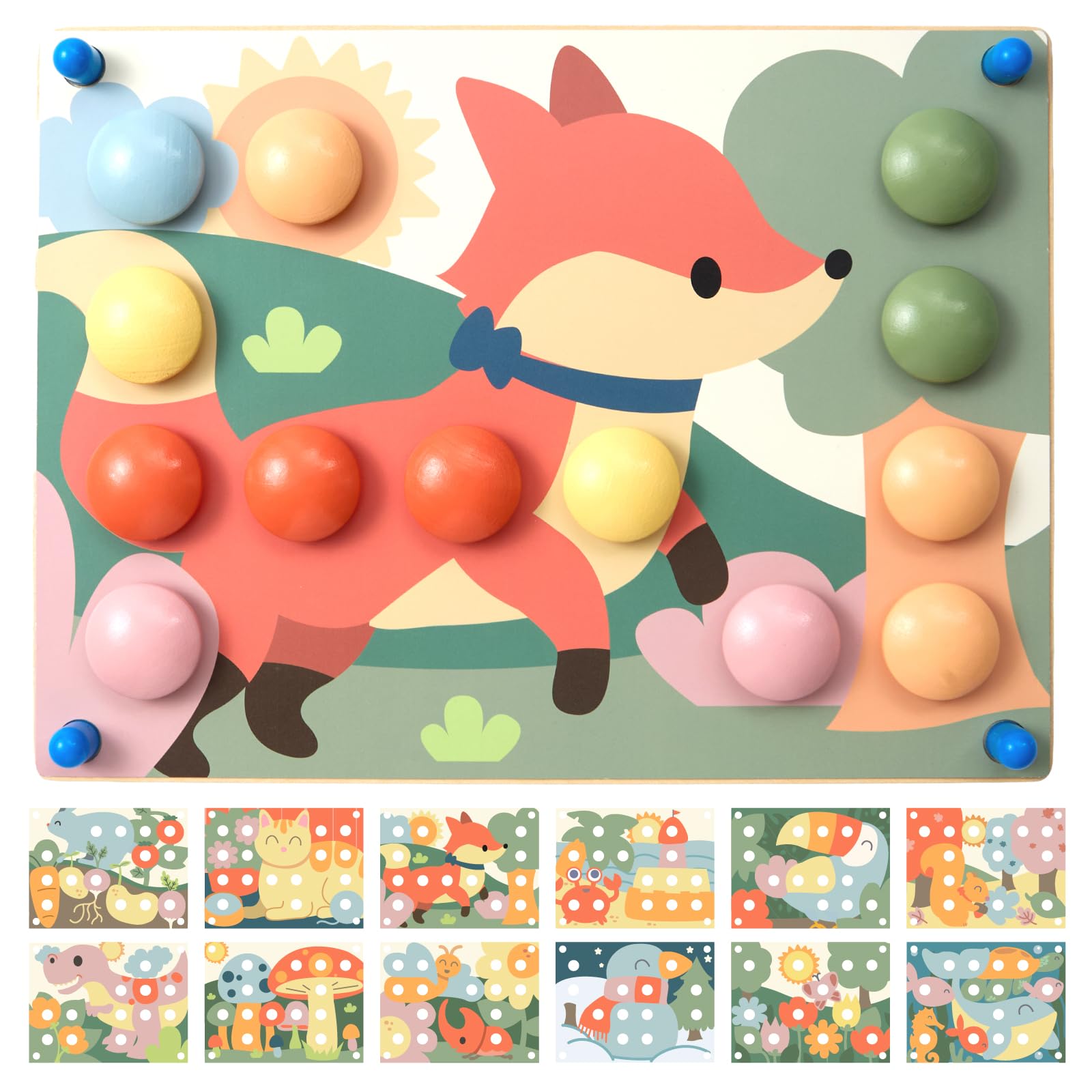Nene Toys Gioco Chiodini in Legno Montessori 2+ - Puzzle Mosaico Bottoni Colori Pastello con 24 Chiodini & 12 Carte Modello - Gioco Educativo per Imparare i Colori, Motricità Fine - Bambini 2 3 Anni