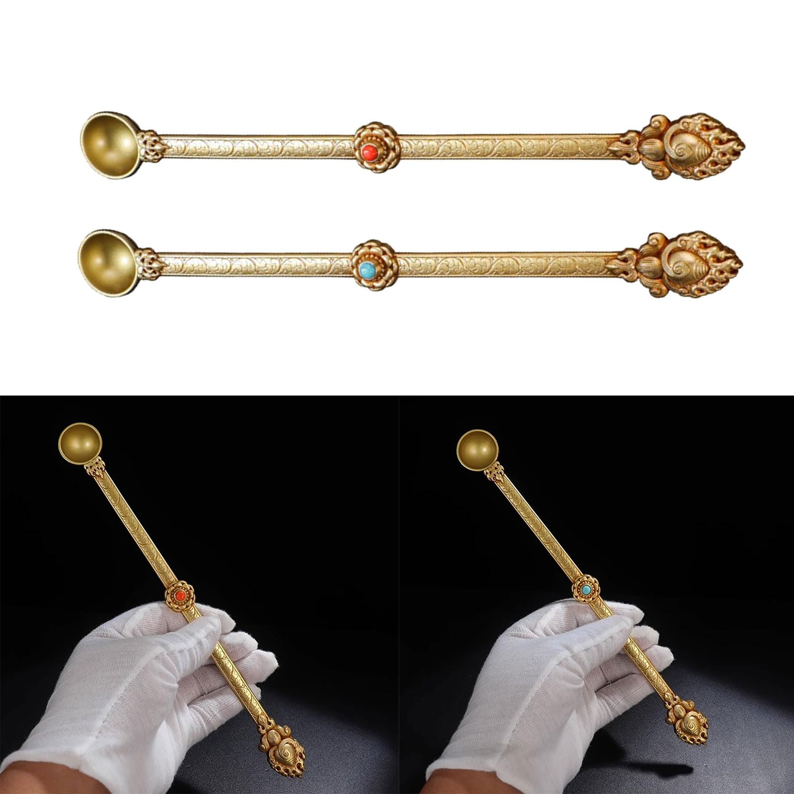 Decorative Metal Spoon Traditional Craftsmanship With Colorful Inlays Brass Buddhas Spoons Suitable For Religious Use