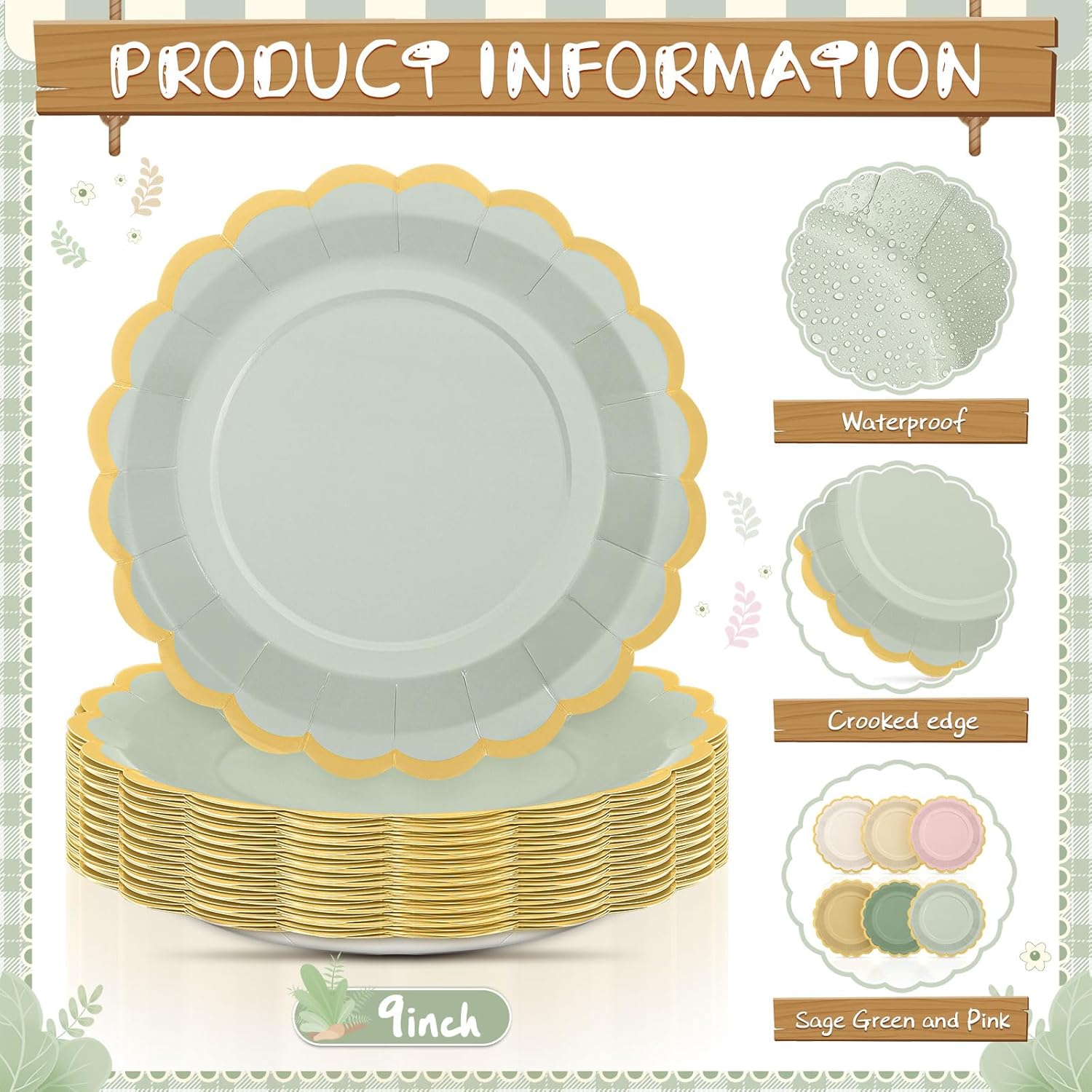 48 Pcs Sage and Pink Paper Plates 9 Inch Gradient Scalloped Paper Disposable Dinner Dessert Plates for Birthday Wedding Bridal Party Supplies, 6 Colors - Image 4