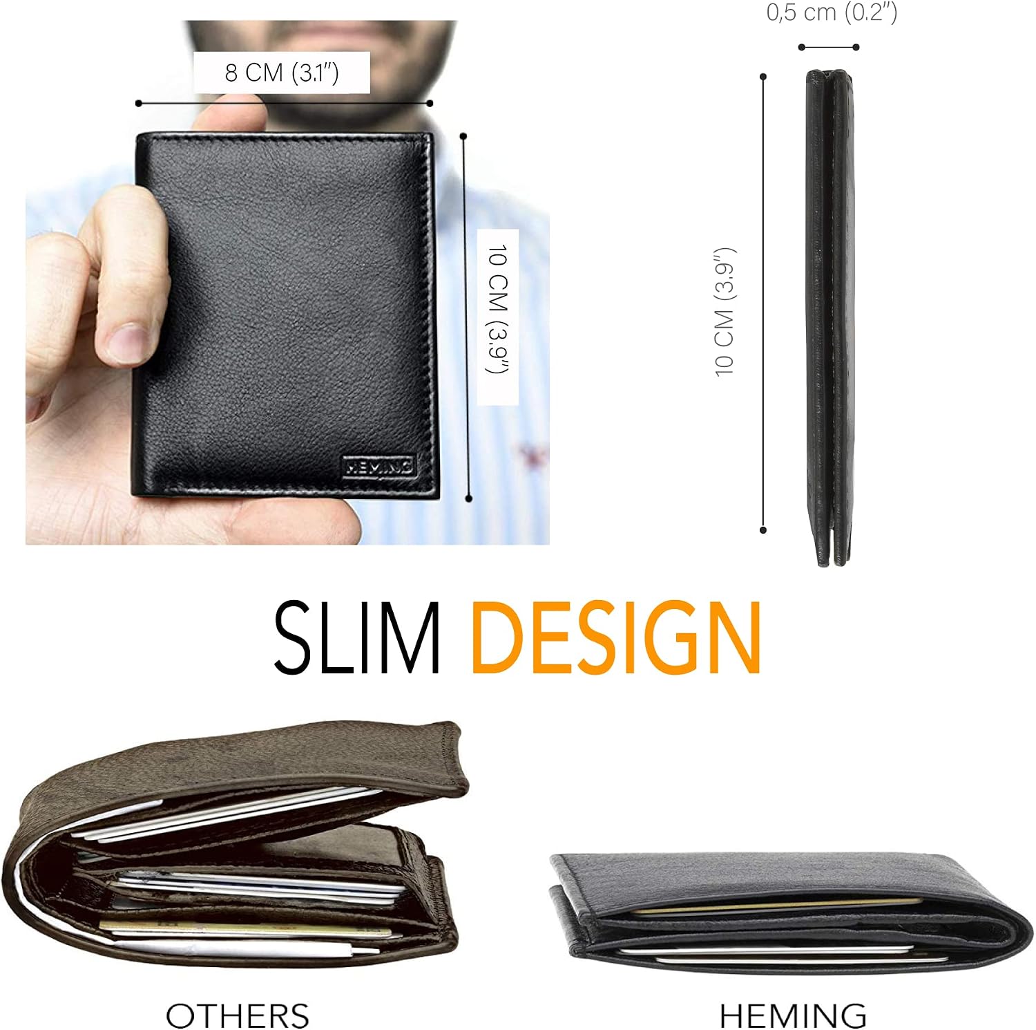 HEMING RFID Blocking Leather Wallet for Men, Black Genuine Leather, Multi Card Slots with RFID Protection Technology, Slim Bifold Design image 5