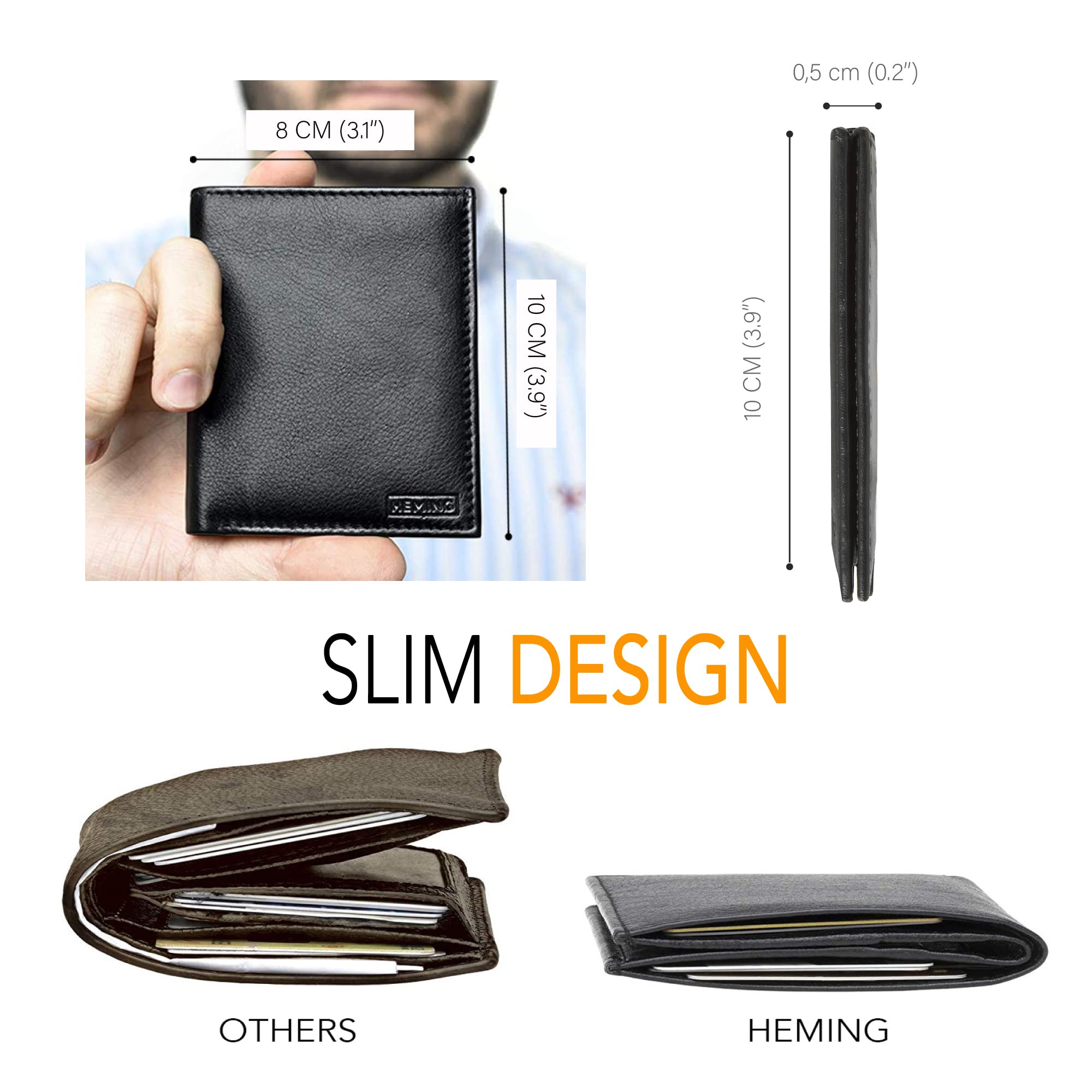 HEMING Cartera Delgada para Hombre, Soporte Minimalista para Tarjetas de crédito, Capacidad para hasta 12 Tarjetas y Billetes, Tarjeta de crédito y Billetes de Banco de Piel auténtica Suave, Cartera