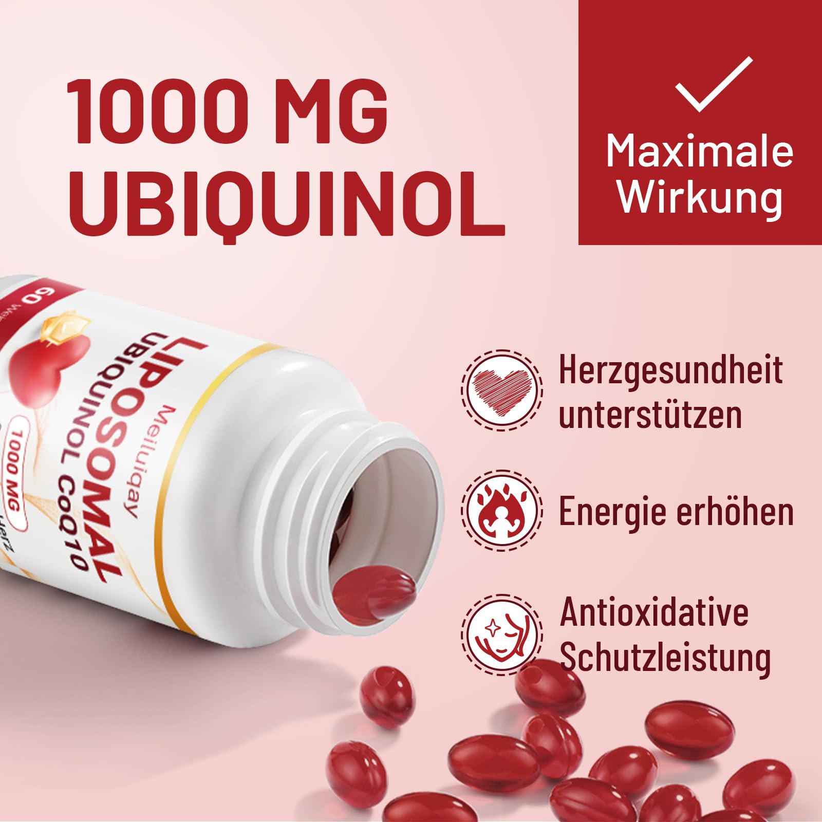 Liposomales CoQ10 Ubiquinol 1000 mg– Aktive Form, Hochdosierte Coenzym Q10 Kapseln– Ohne Gentechnik, Soja & Gluten, Vegan, Leicht zu Schlucken, 60 Weichkapseln