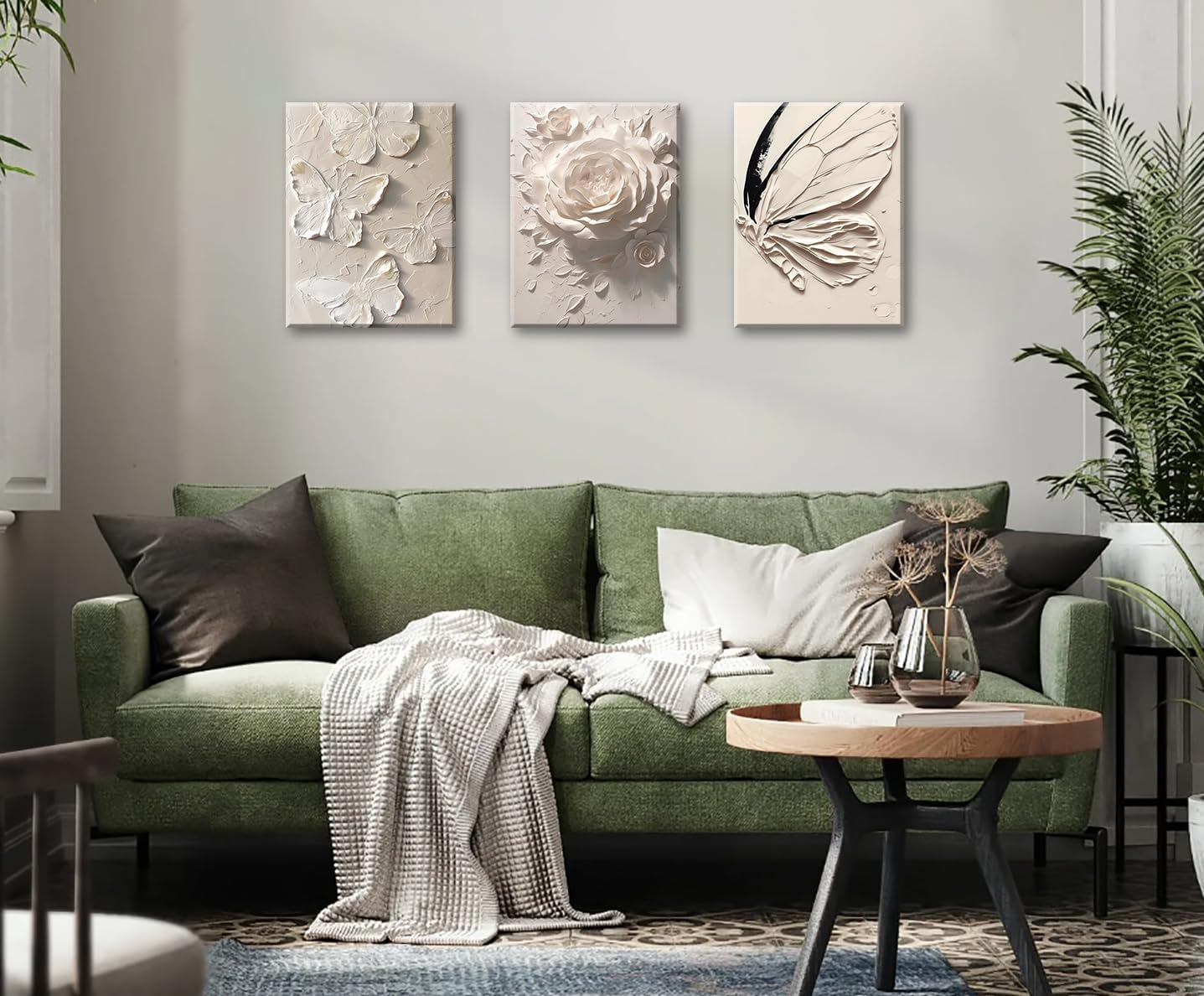 JiazuGo Modern 3D Butterfly Wall Art Set of 3, Textured Canvas Painting Prints for Nursery, Bedroom, Bathroom, Contemporary Abstract Flower Home Decor, 12x16 Inches