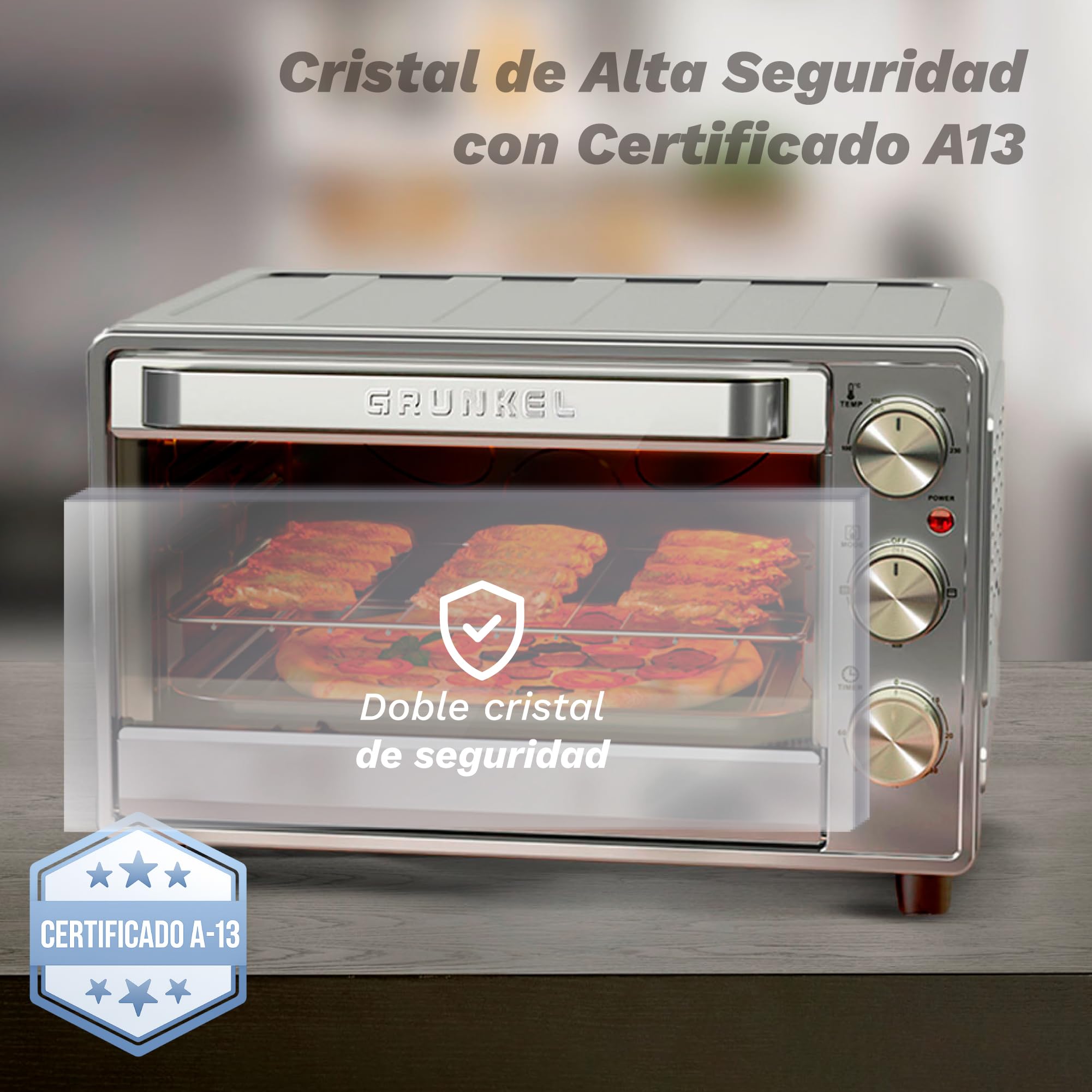 Horno eléctrico multifunción de sobremesa de 28L a 63L con ventilación convección y 3 funciones de calor. Selector de temperatura hasta 230ºC. Temporizador hasta 60 min - de 1600W a 2300W
