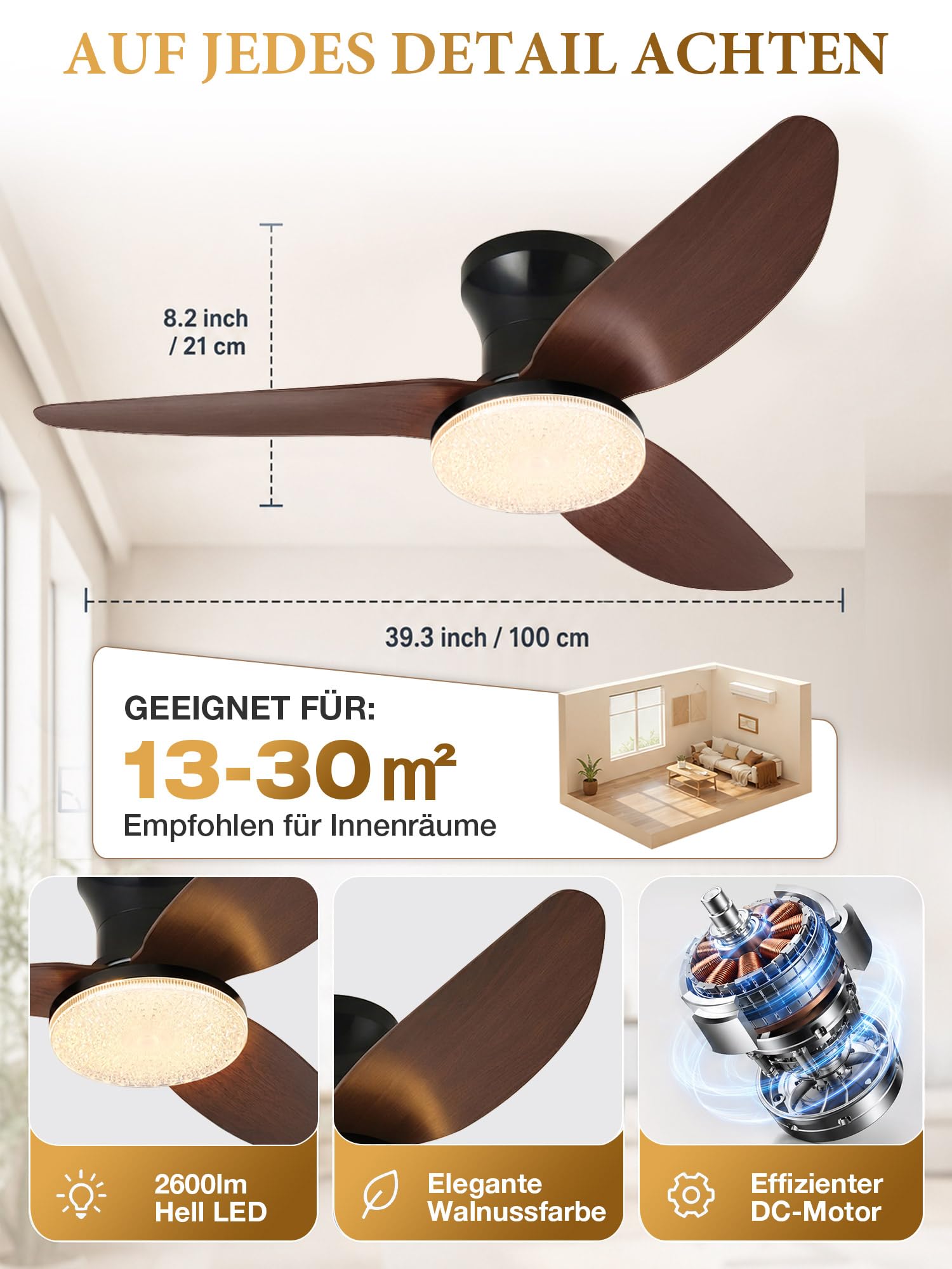Deckenventilator mit Beleuchtung Leise, Kristalloptik, 100 cm, Reversibler DC-Motor, Dimmbare LED-Lampe mit Ventilator, App und Fernbedienung, 6 Gang, Timer, für Schlaf- und Wohnzimmer