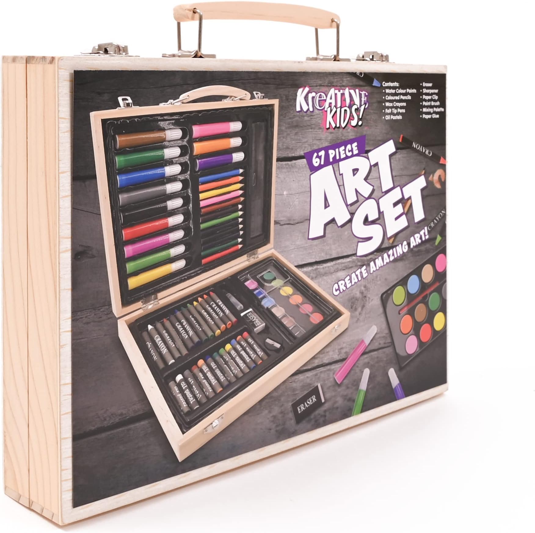 KandyToys Kreative Kids 67 Piece Traditional Wooden Artists Set - Fold Out Art Box with Pens; Pencils; Crayons