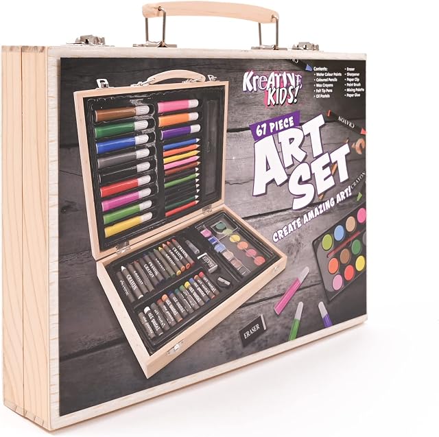 KandyToys Kreative Kids 67 Piece Traditional Wooden Artists Set - Fold Out Art Box with Pens; Pencils; Crayons