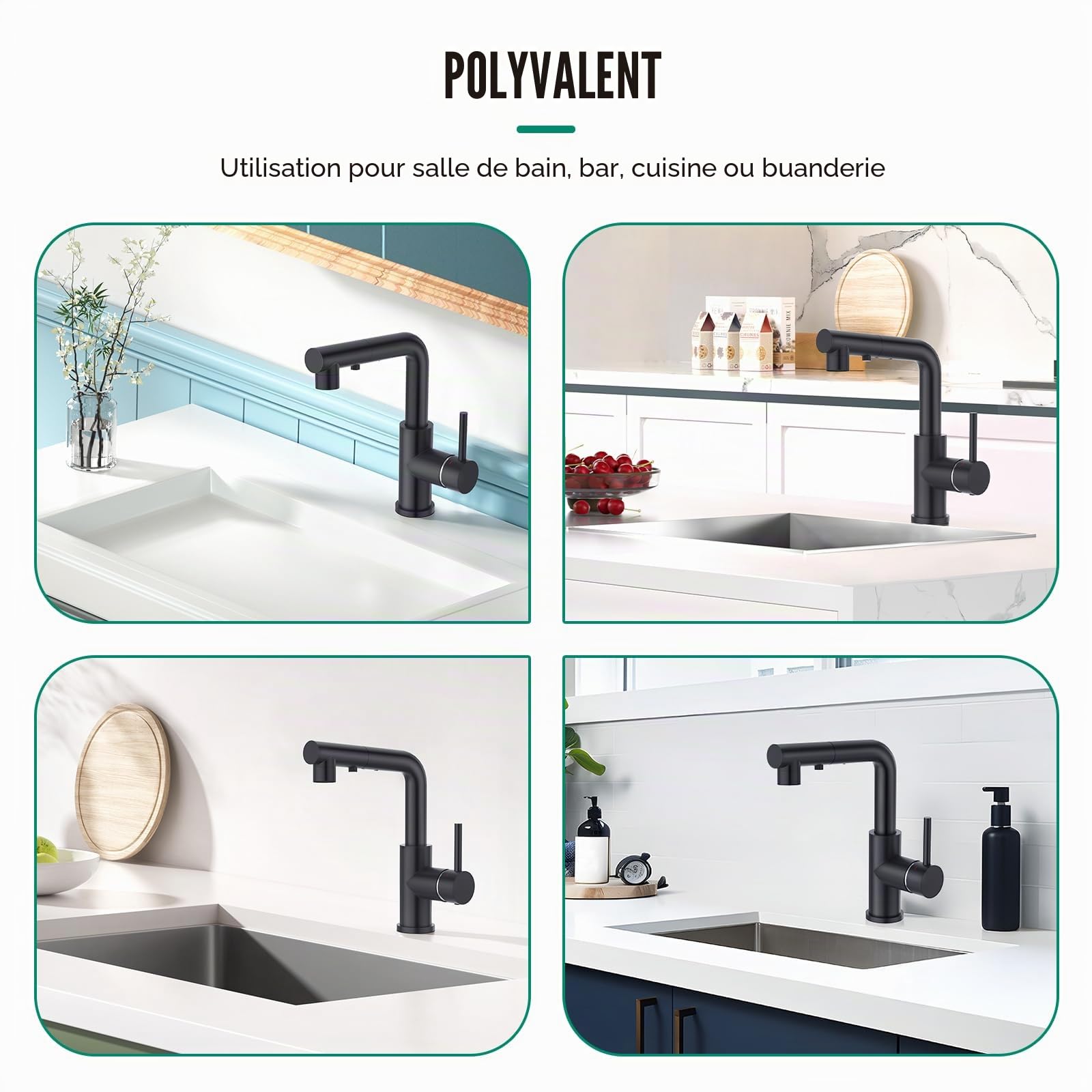 Douchette 3 Fonctions robinet cuisine Mitigeur Lavabo Noir Rotatif 360°, Noir Mat