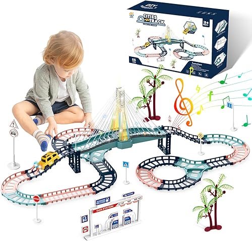 PIXATA Juego de pista de juguetes para niños pequeños, juegos de pista de carreras de autos con luz de sonido, juego de pista de coche eléctrico