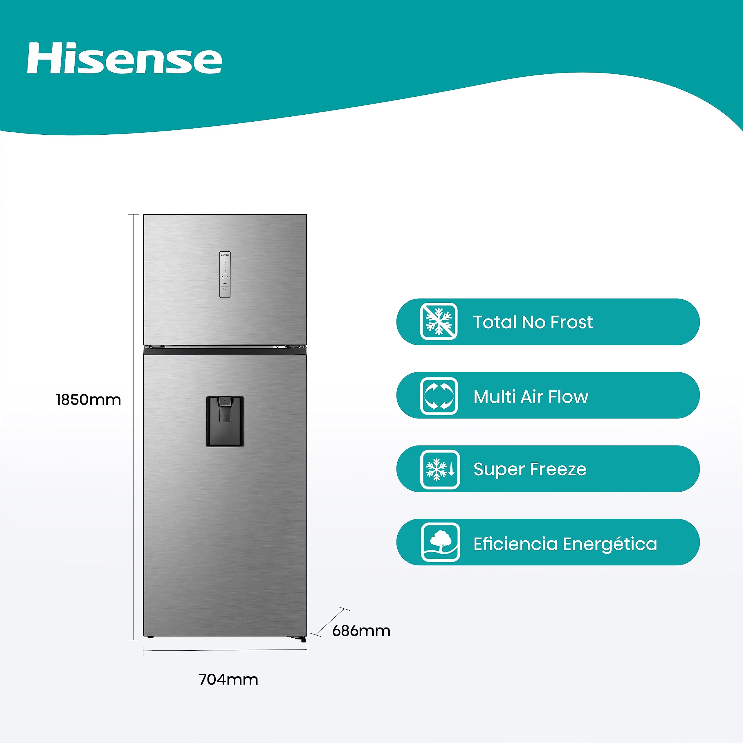 Hisense RT600N4WC2 - Frigorífico Dos Puertas, con dispensador, Alto 185 Cm, Congelador, Estantes XL, Cajón frutas y verduras, Silencioso, Inox