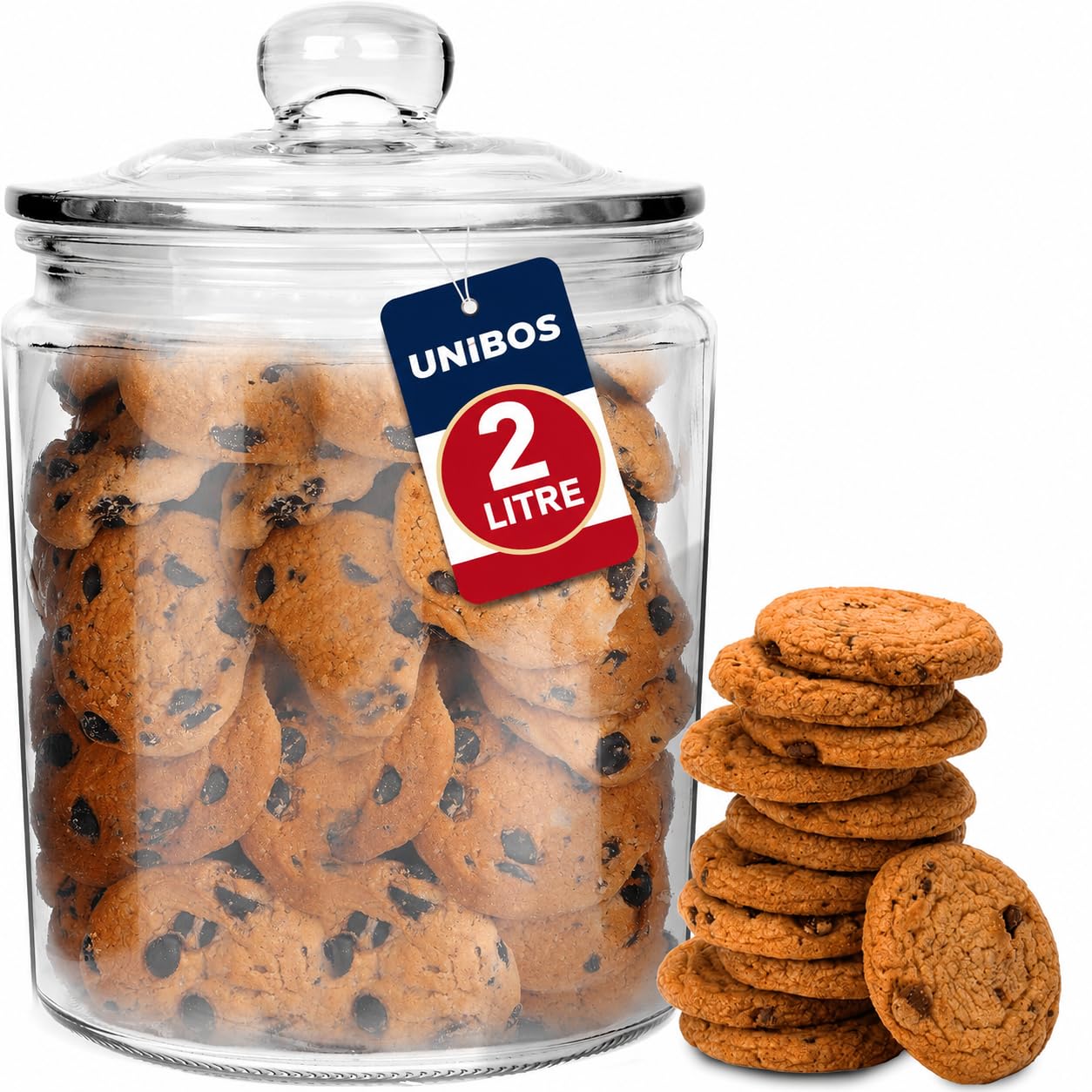Unibos | Glass Jar With Lid - 2 Litre Clear, Empty Sweet Jars Storage Jar For Sweets, Biscuits, Snacks, Cereals & Pantry Storage