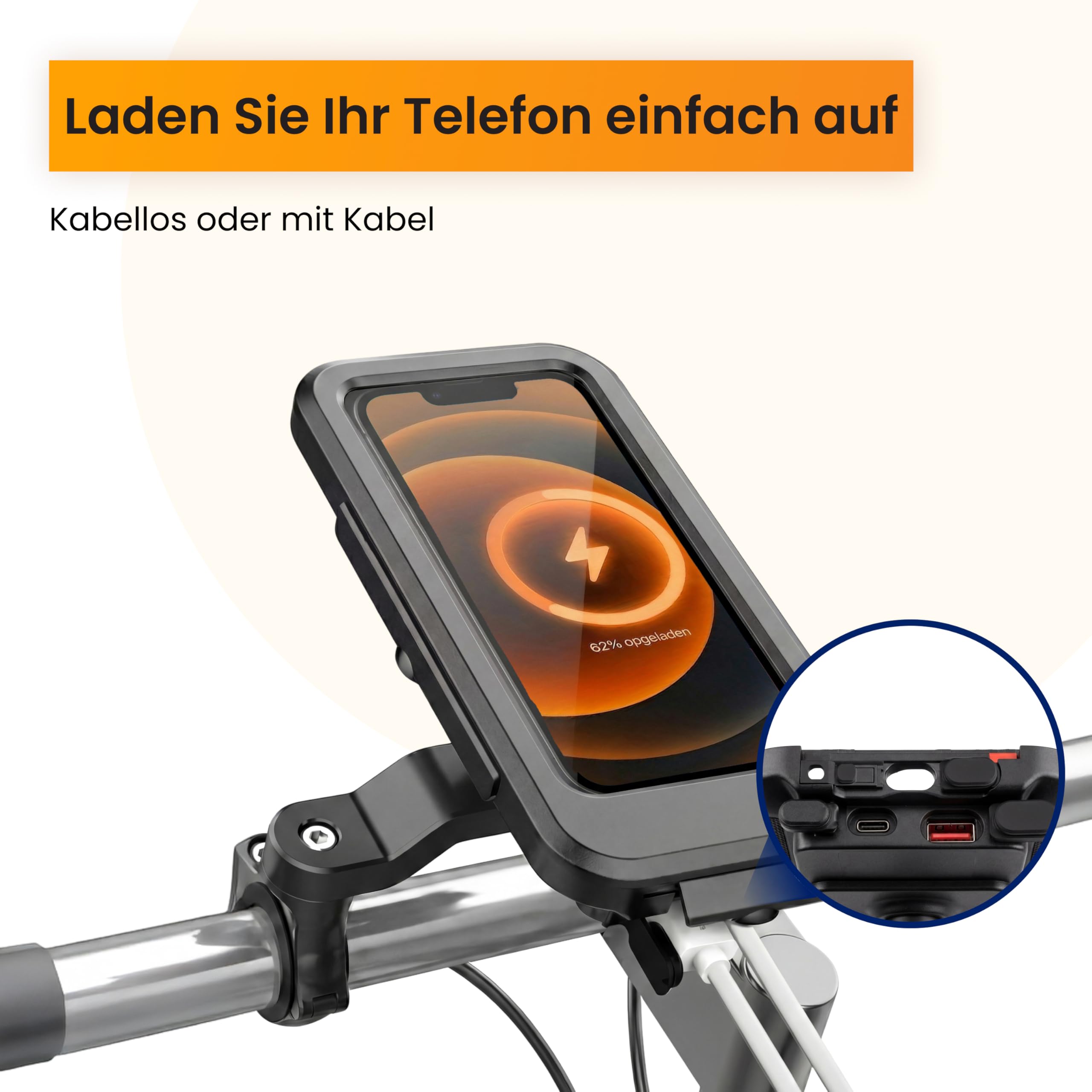R2B Handyhalterung Fahrrad mit Powerbank 5000mAh Wasserdicht Fahrradhalterung Telefon, Smartphone Halterung Fahrrad mit Kabelloser Aufladung für Motor, Roller und E Bike