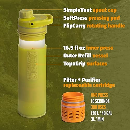 Miniatura 6 de GRAYL UltraPress - Purificador de agua y botella de filtro para senderismo, mochileros y viajes (musgo recolector)