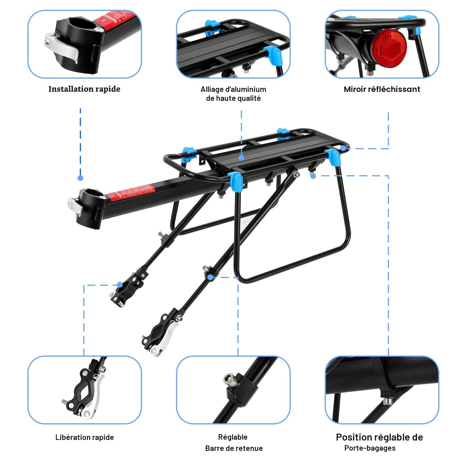Mimoke Porte-bagages de vélo réglable en alliage d'aluminium avec réflecteur pour VTT de 24 à 29 pouces, fermeture rapide et montage, charge maximale 50 kg