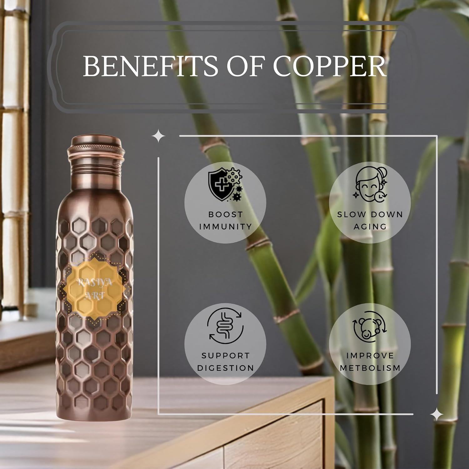 Pure Copper Water Bottle - 32 oz - BPA Free Non-Insulated Jointless Leakproof Durable Metal Bottles for Sports and Travel - Antique Diamond