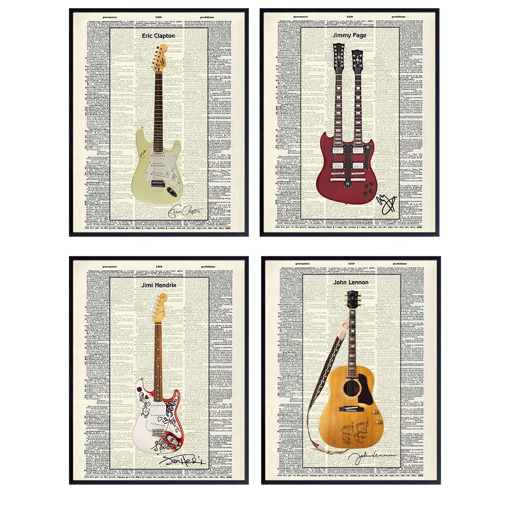 Famous Musicians Guitar - Unframed Dictionary Wall Art Print - Great Gift for Music and Rock n Roll Fans - Cool Home Decor - Lennon, Hendrix, Page, Clapton -Ready to Frame Set of 4-8x10 Vintage Photo