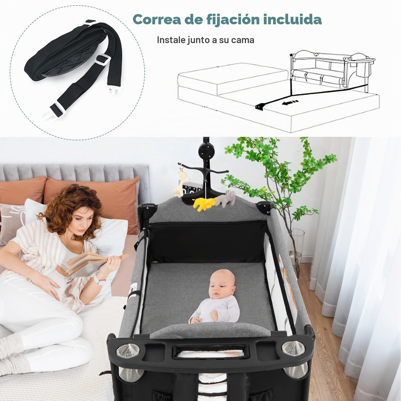 LIFEZEAL Cuna Cama para Bebé con Colchón, Cama Plegable para Bebé con Cambiador y Juguetes, Cuna de Viaje de Tejido Oxford con 2 Niveles, Altura Ajustable (Negro.)