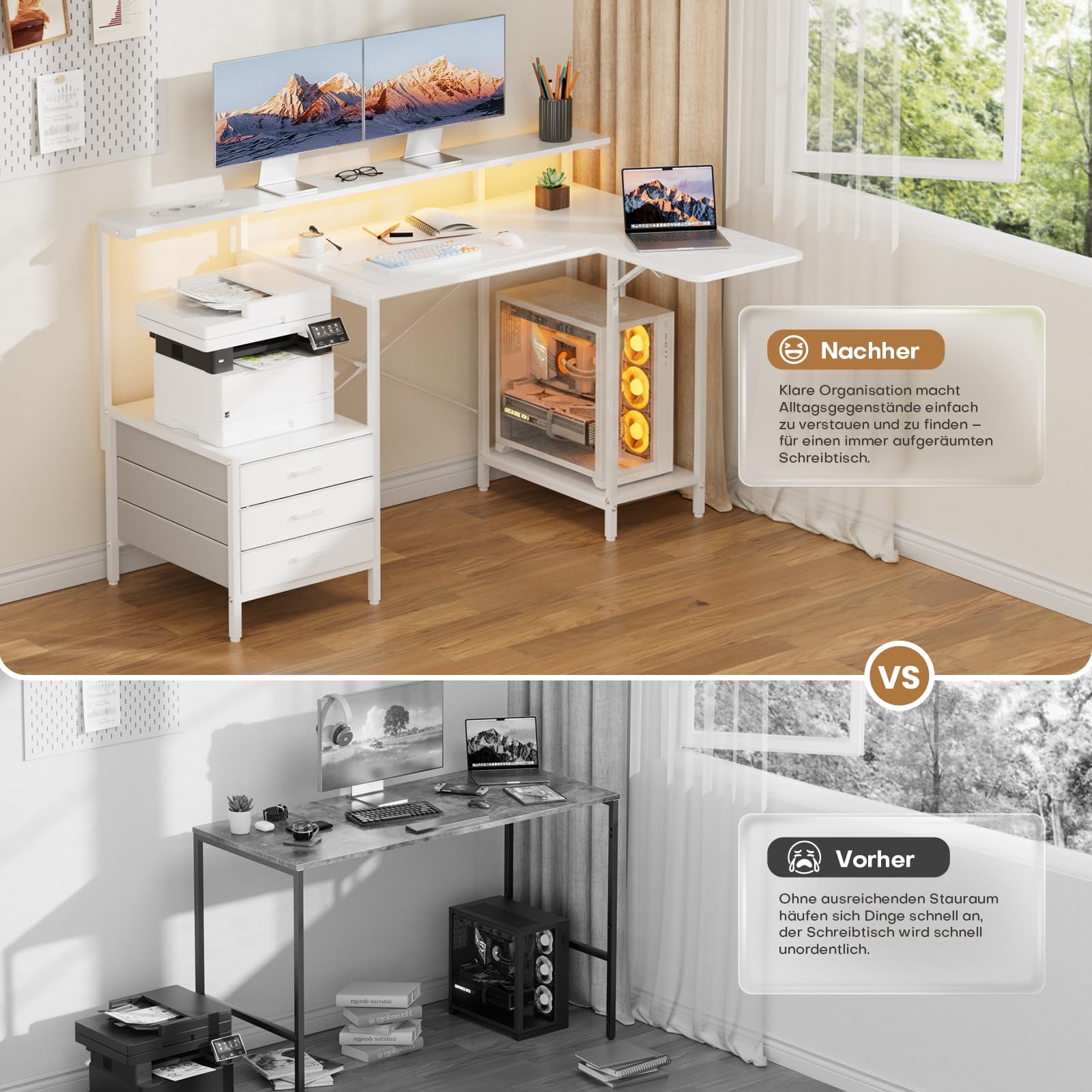 HLONONE 140 × 85 cm Schreibtisch mit Schubladen & LED, Computertisch mit Steckdose, Bürotisch mit Stauraum und Monitorablage, Eckschreibtisch für Homeoffice Schlafzimmer, Weiß