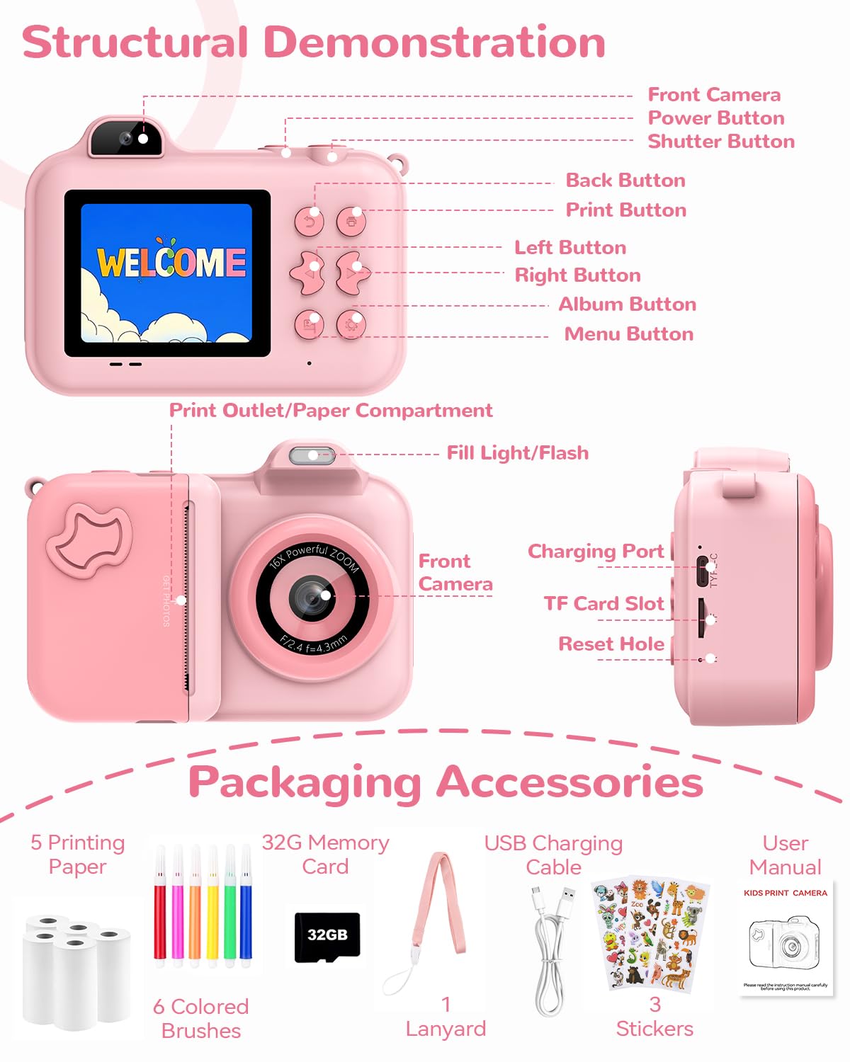 Macchina Fotografica Bambini Istantanea, 2.4" Fotocamera Digitale Selfie con 24MP/1080P HD Videocamera, 32GB Scheda, 5 Rotoli Carta Stampa Fotocamera Bambini per Ragazze Ragazzi da 3-14 Regalo, Rosa