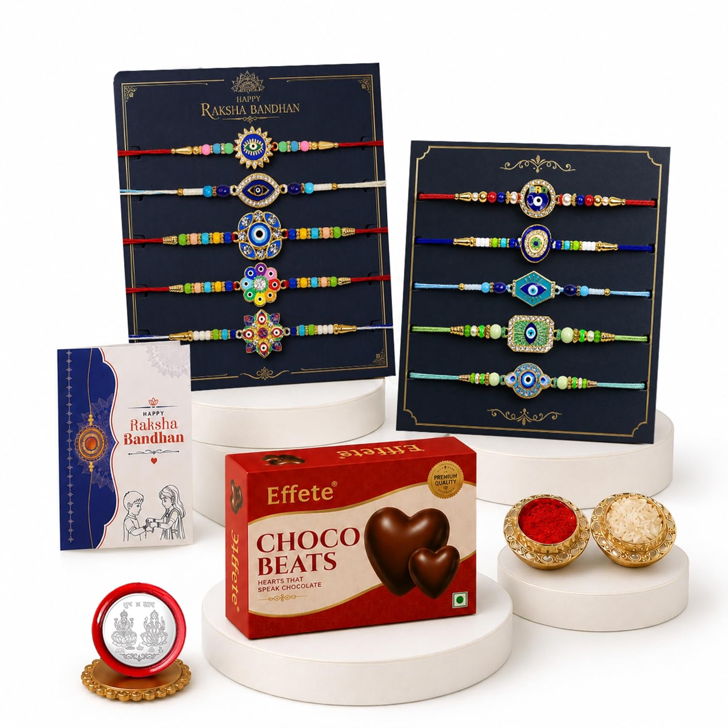 DeoDap Rakshabandhan Special Silver Plated Rakhi Combo, Set of 10 with Chocotown Crunch, 5 Pieces and Milk Choco Bar, 5 Pieces, Roli Chawal, Pooja Coin and Greeting Card-image-38