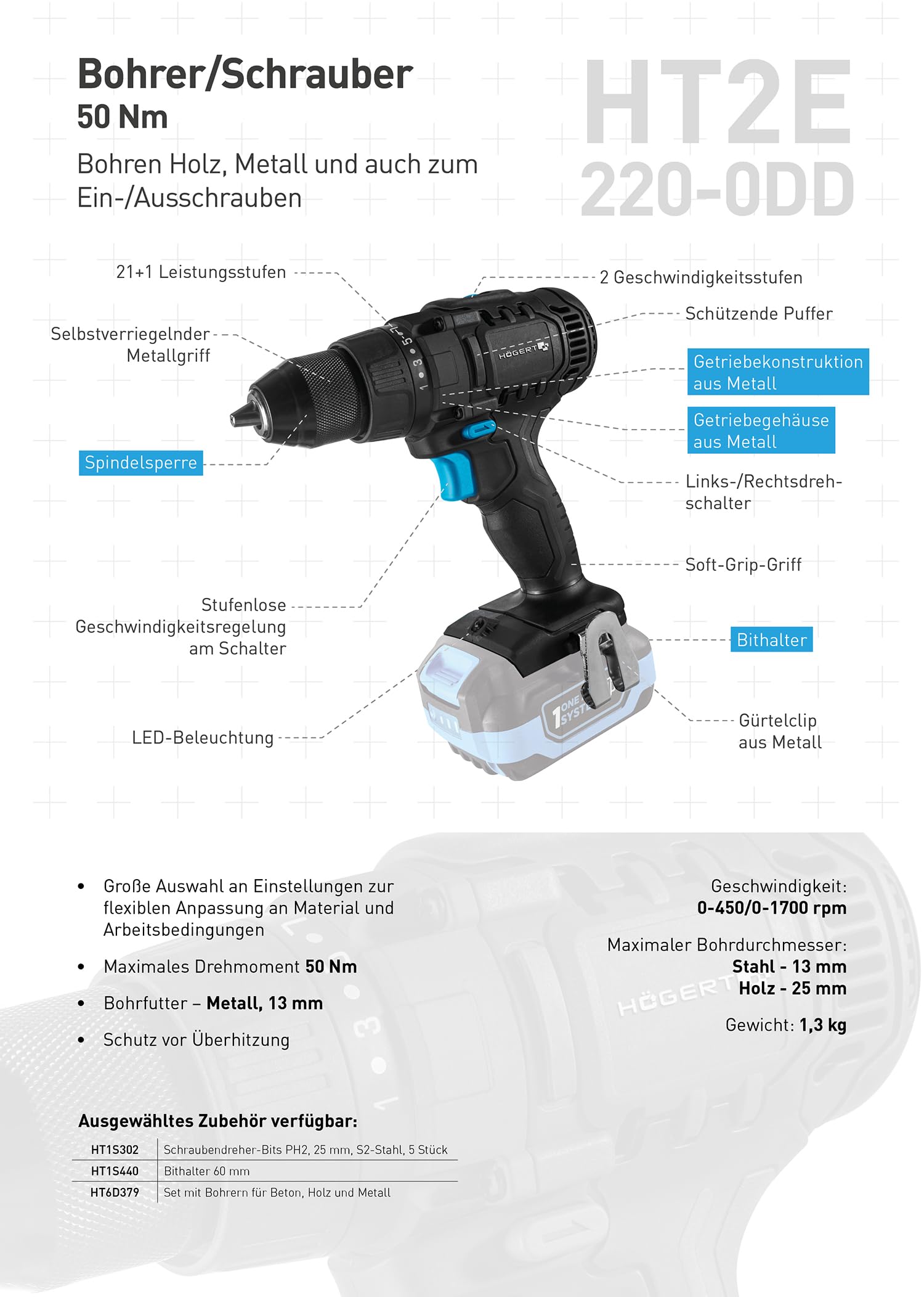 HÖGERT TECHNIK Zestaw wiertarko-wkrętarek akumulatorowych 18 V, moment obrotowy 50 Nm, akumulator 2,0 Ah, ładowarka 4A, metalowa przekładnia, oświetlenie LED, uchwyt wiertarski Auto Lock, do drewna i