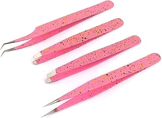 Professional Tweezer Pack- 4 Tweezers Set- Ingrown Hair Remover Treatment. Premium Eyebrow Shaper. (Pink & Black) Color Tweezers With Pouch. By G.S ONLINE STORE