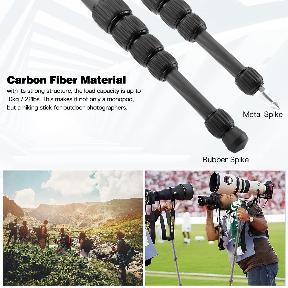 Koolehaoda Monopode en Fibre de Carbone, Monopode Compact et Portable à 6 Sections pour Appareil Photo. Charge maximale : 10 kg - MP286C