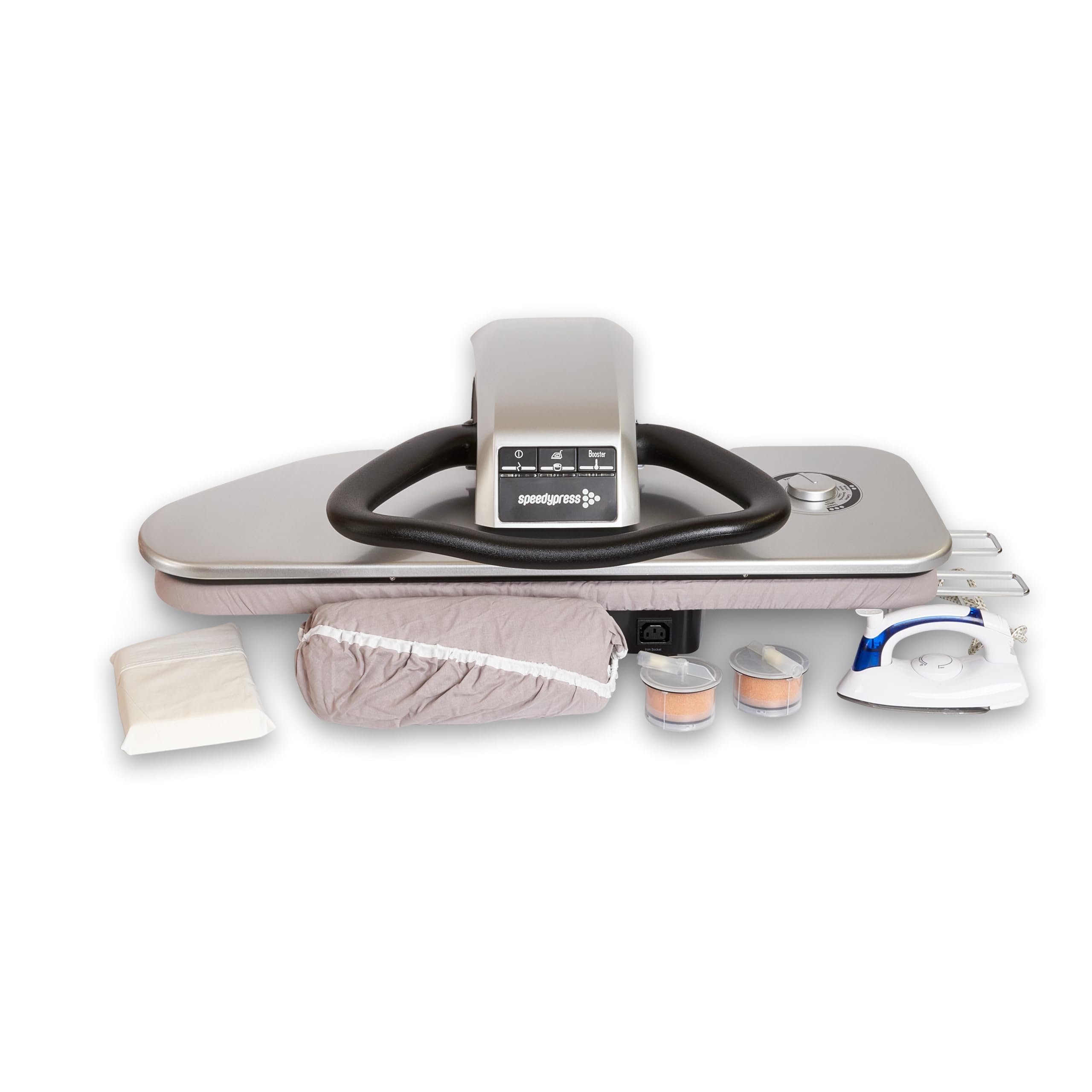 Speedypress SteamRise 8000 Presse à Repasser Vapeur Haute Performance | Surface de Pressage 81 cm | Technologie Vapeur Bottom-Up | Fer Inclus + Filtre Anti-Calcaire | Avec Support | 2200S | Argent