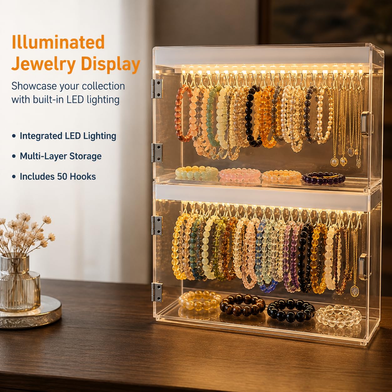 Vitrina Expositora Acrílica Transparente, 3 Niveles con Luz, para Coleccionistas Figuras y Joyas, 18L Antipolvo , Caja Almacenamiento Pulseras a (#9457)