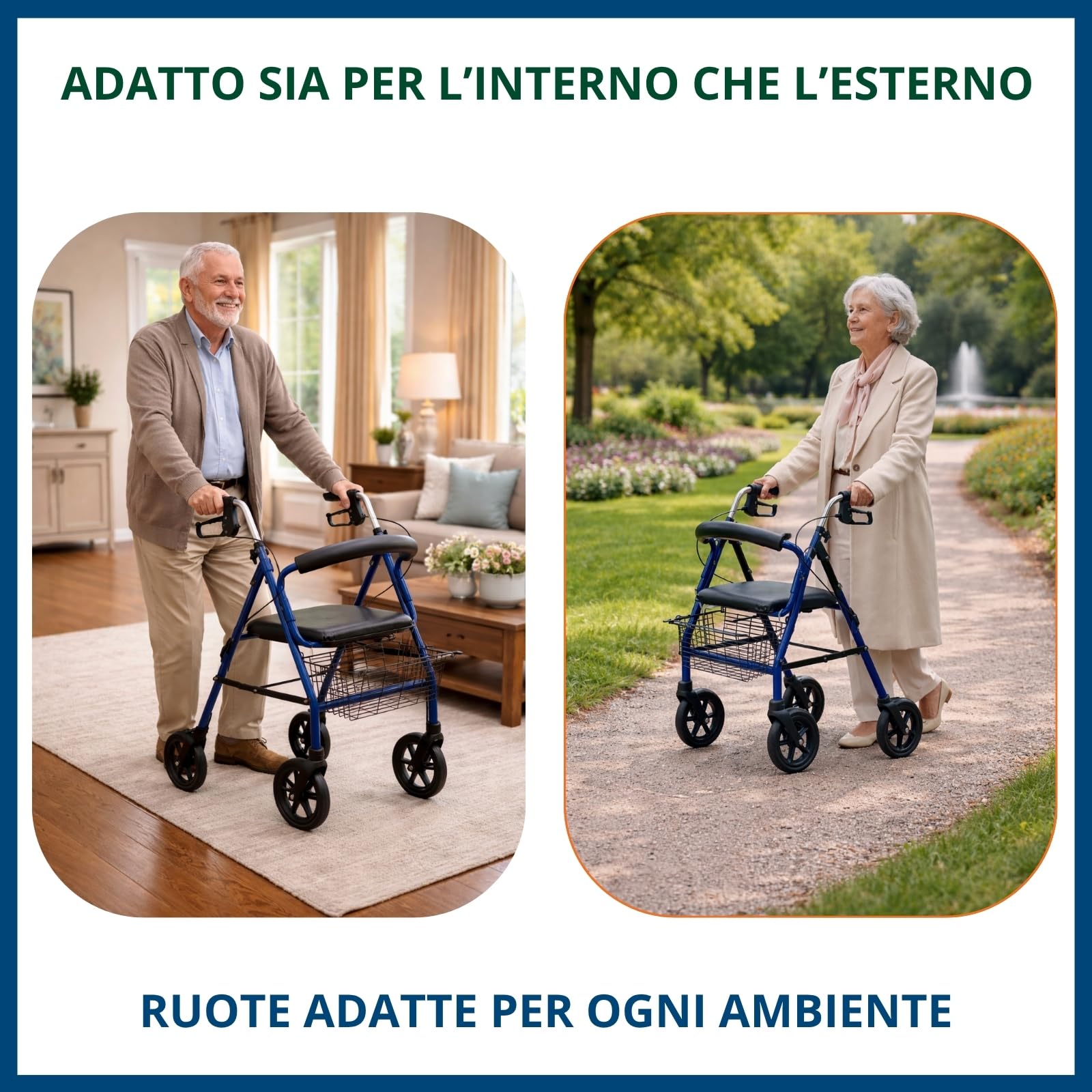 TERMIGEA RO23 Deambulatore per Anziani con Seduta Pieghevole in Alluminio Ultraleggero, Carrello per Anziani per Camminare con Sedile, Freni di Stazionamento e Altezza Impugnature Regolabile