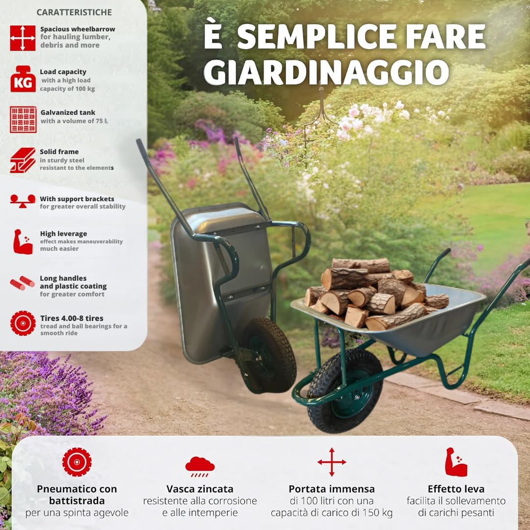 Brouette de Jardin 75L - Cadre en Acier galvanisé, Roue pneumatique 4.00-8 avec Chambre à air, Charge 100 kg - Idéal pour Chantier, pelouse, Ciment