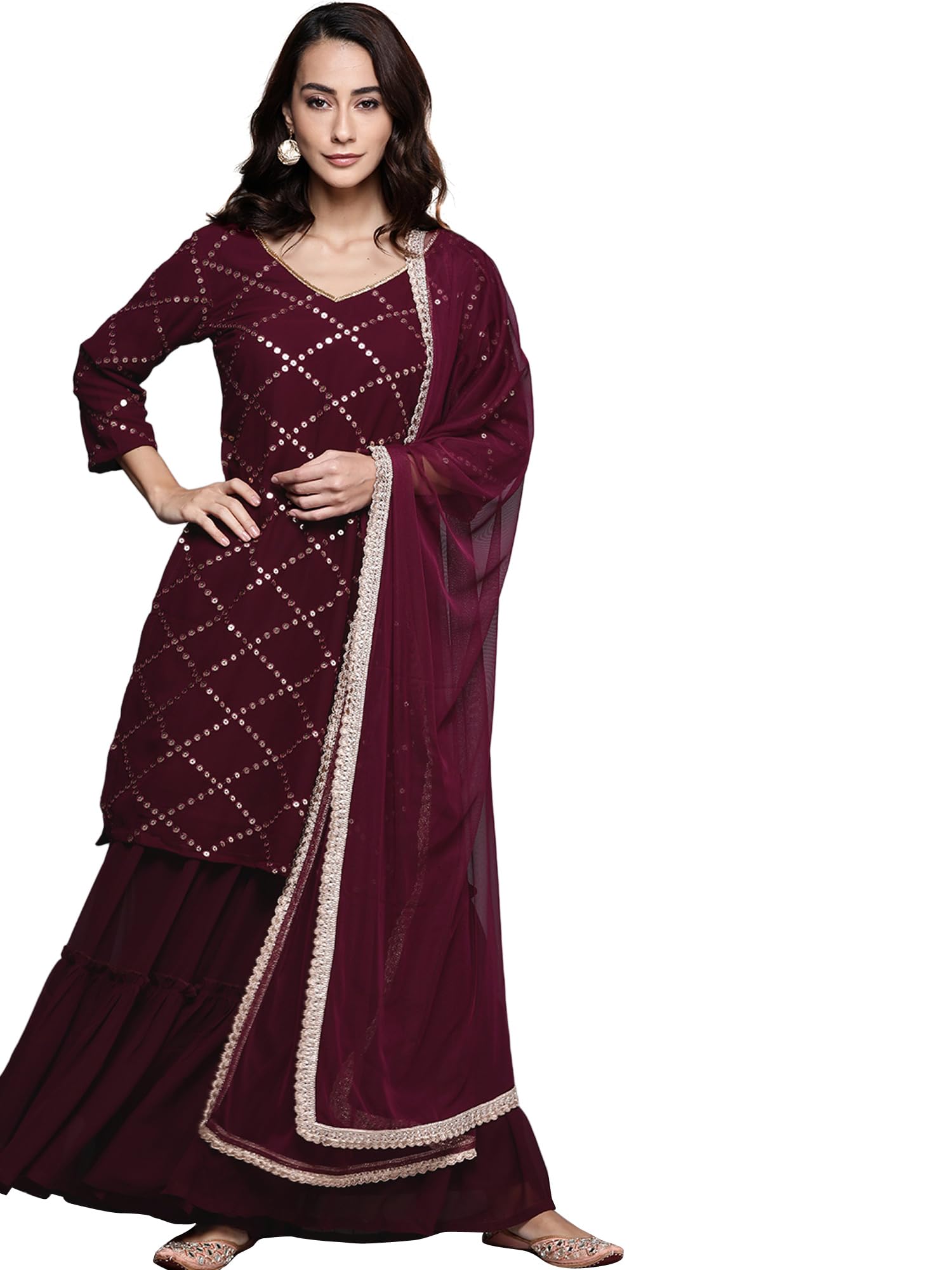 Libas Purple Embroidered Poly Georgette Straight Kurta With Sharara & Dupatta
