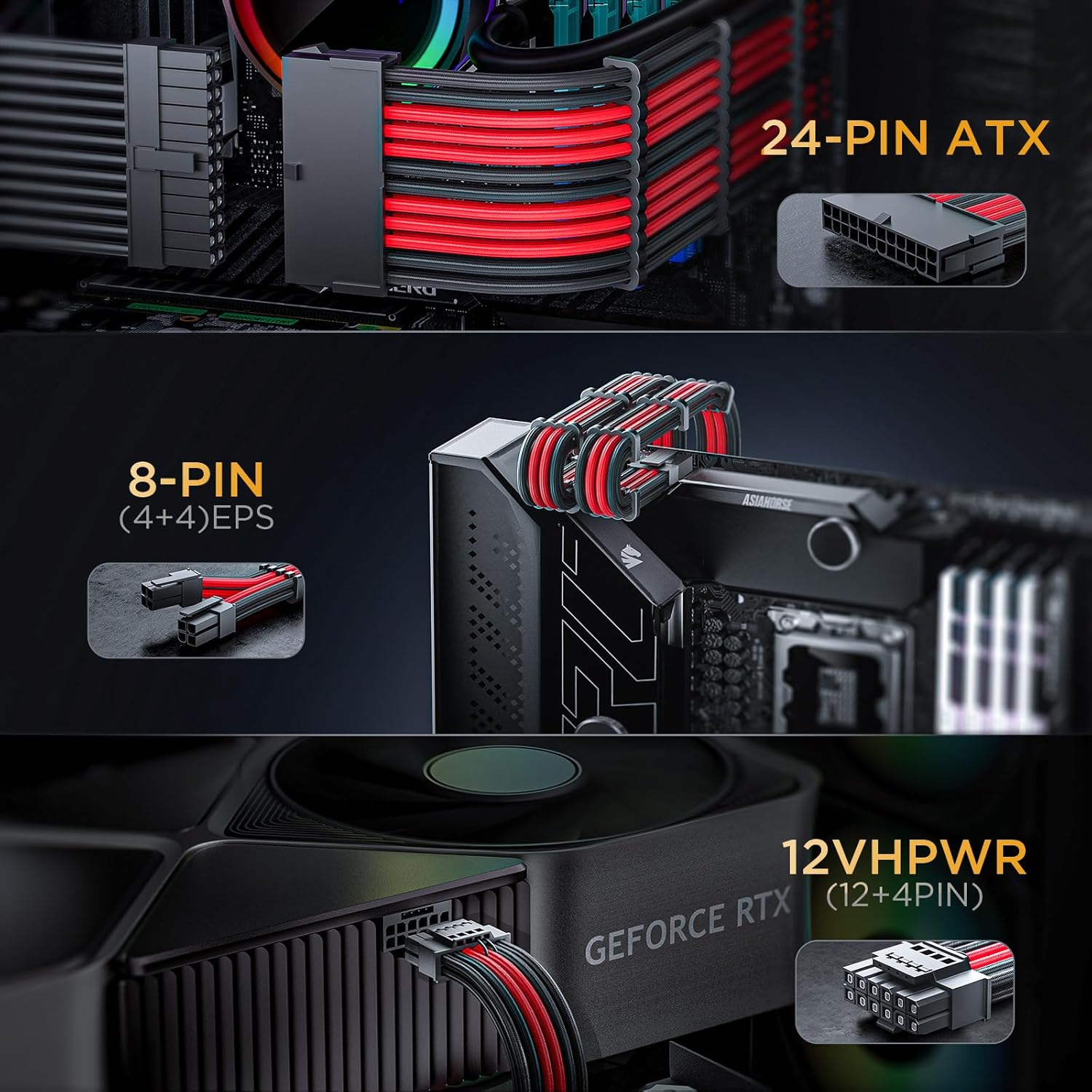 AsiaHorse 12VHPWR Cable Extension Kit, 16AWG Pcie 5.0 PSU Cable Extension Kit Soft Braided Power Supply Cable Extension, 24pin ATX /4+4pin EPS /12+4pin 30CM Length with Cable Combs