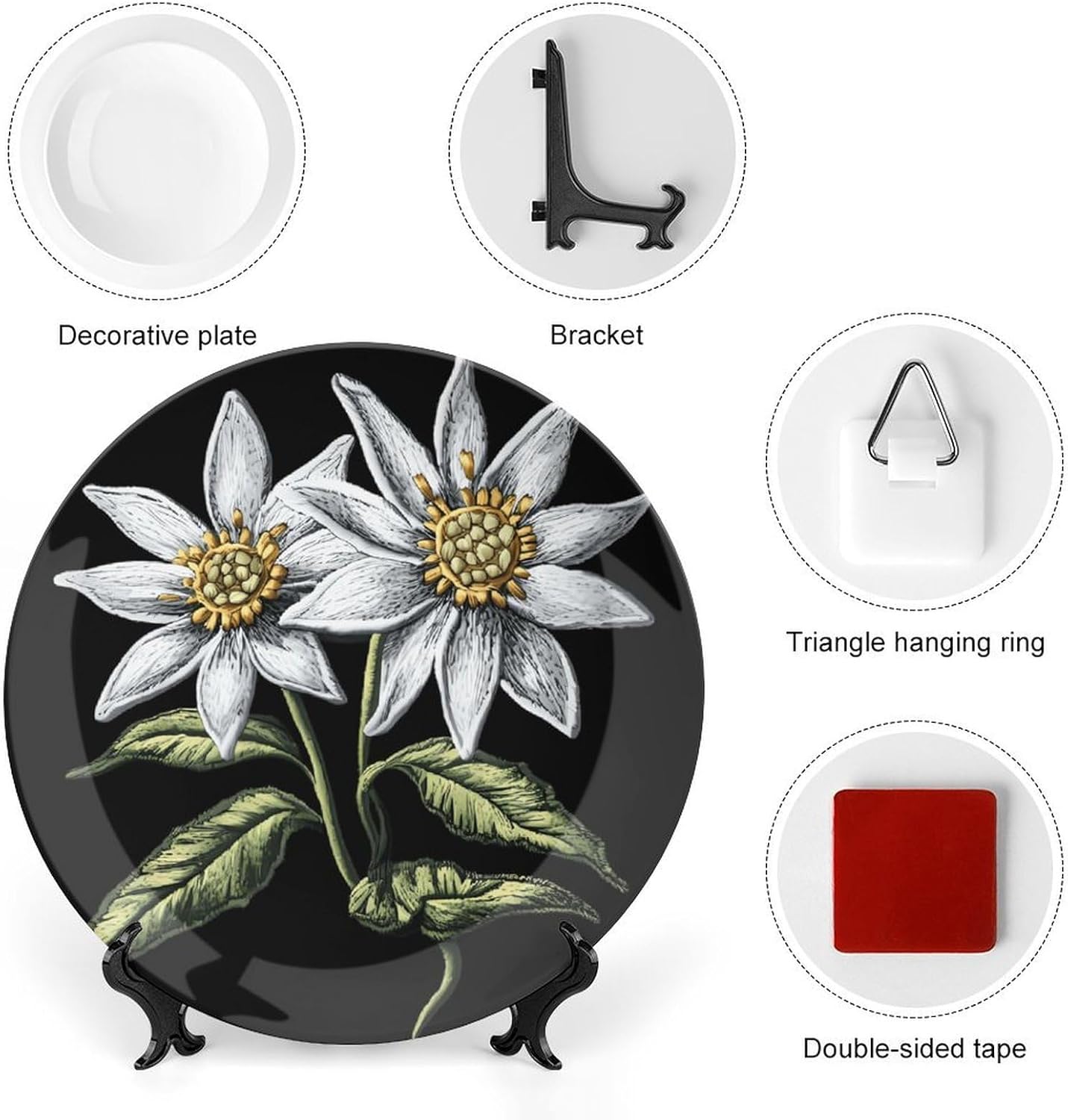 Edelweiss Flower with Leaves Decorative Plates for Display Ceramic Plate Tray with Stand Hanger Home Decor