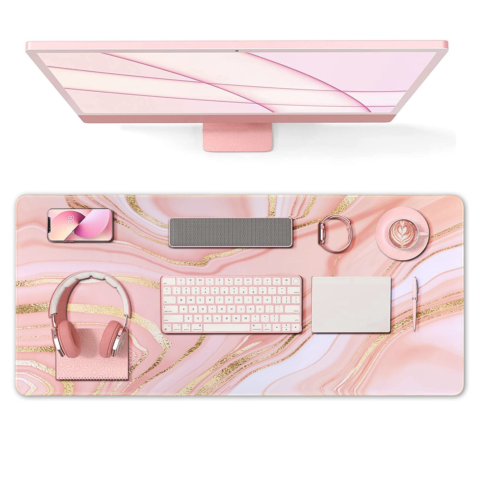 Anyshock Rose Gold Mouse Pad, XXL Desk Mat with Stitch Edges, Non Slip Full Desk Mat, 35.4'' x 15.7'' (Pink Marble) — image 1