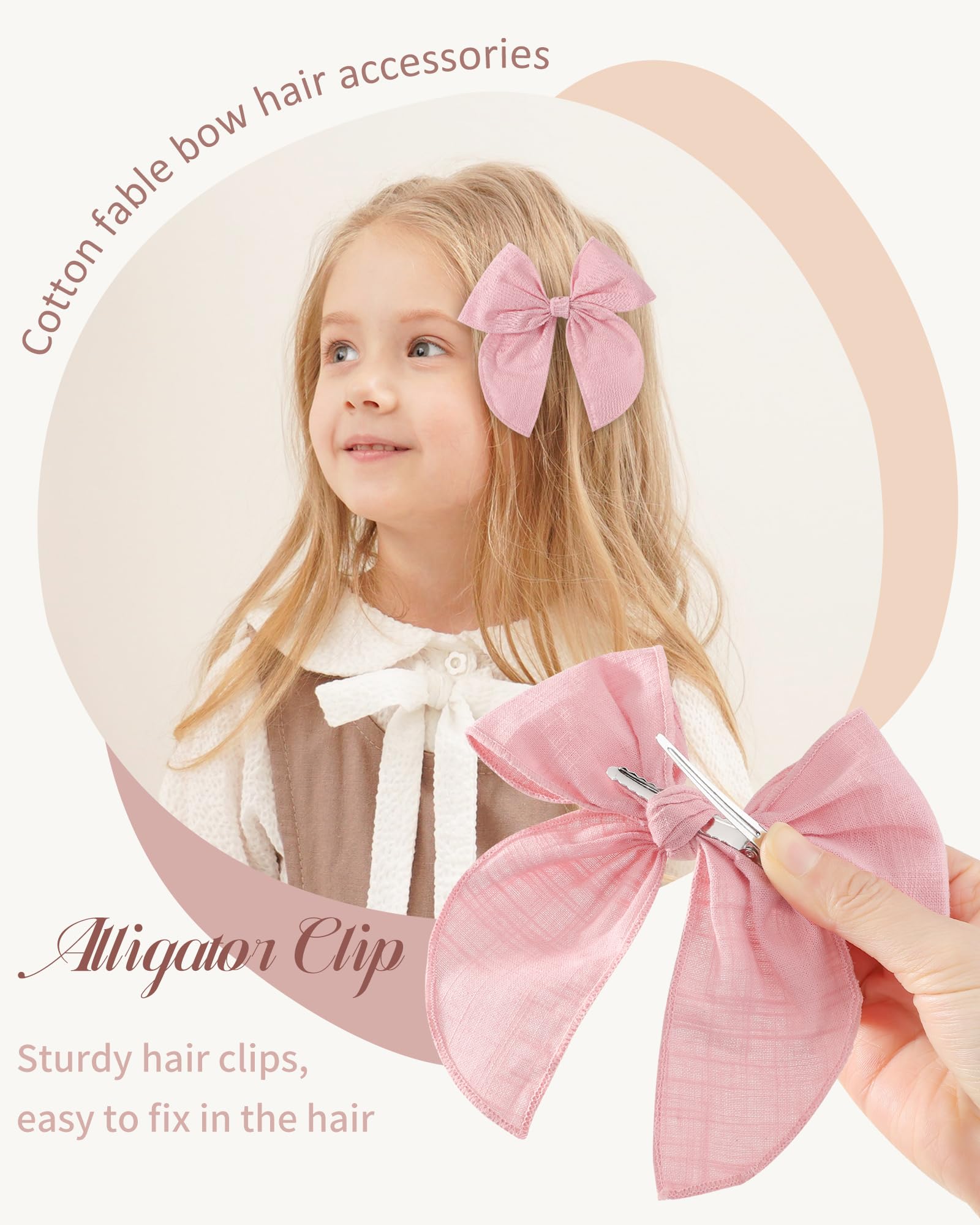 4PCS Baby Girls Hair Clips Fable Hair Bows Cotton Linen Bows for Girls Hair Accessories for Baby Toddlers Kids Women Pink White - Image 2
