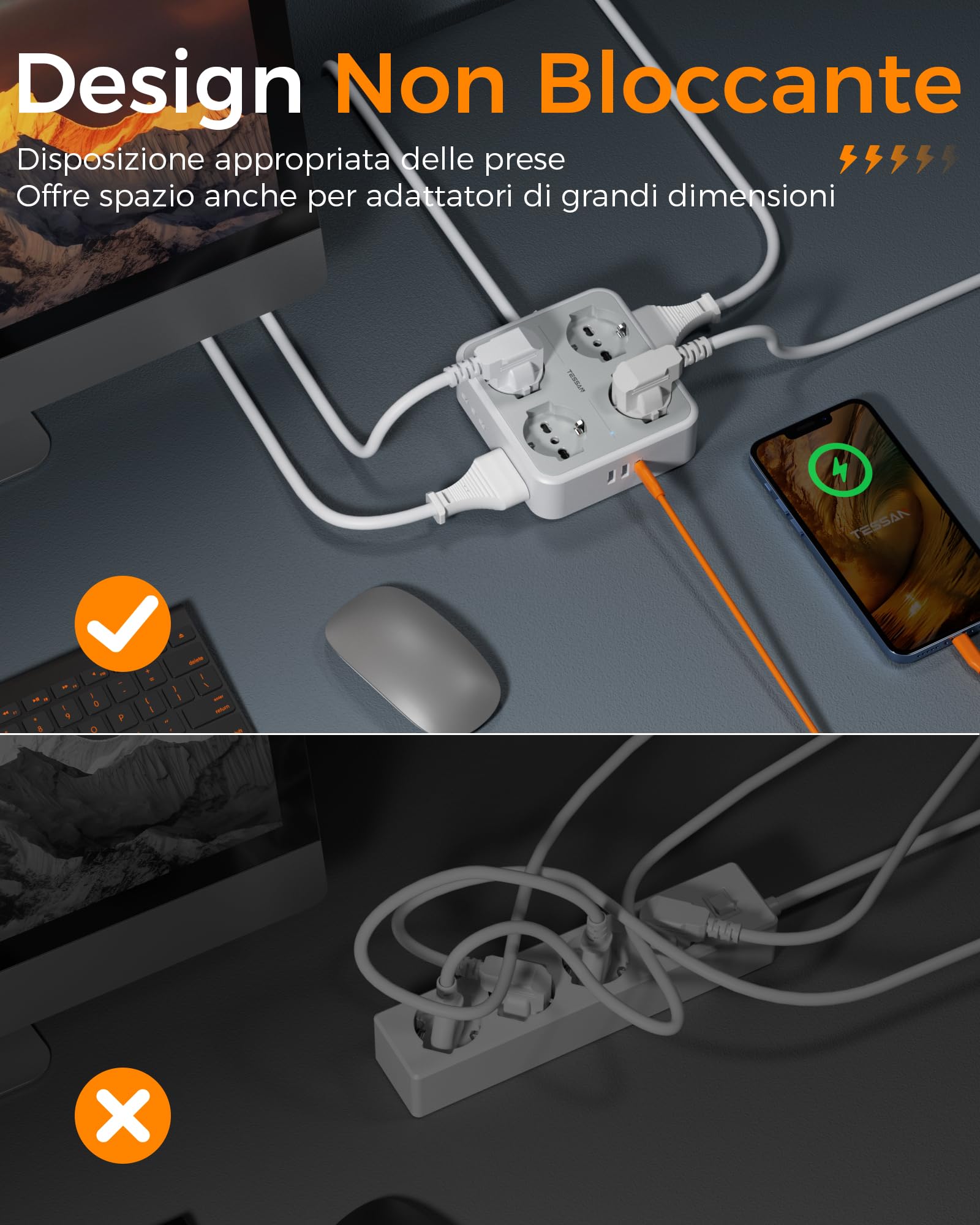 TESSAN USB Stekkerdoos, Meerdere Stopcontacten met 4 Stopcontacten en 3 USB Poorten, Stekkerdoos met Schakelaar, 2M Stekkerdoosverlenging, Elektrische Stopcontact Geschikt voor Kantoor