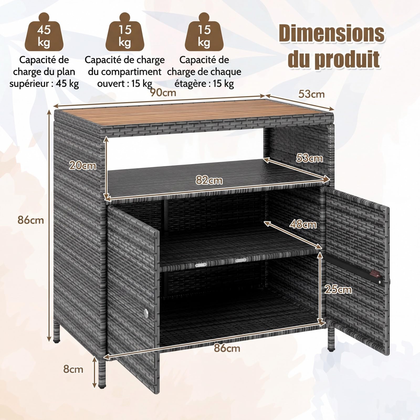 LIFEZEAL Buffet 4 Niveaux Rotin PE Armoire Bois d'Acacia Rangement Extérieur Intérieur 2 Portes 90x53x86 cm Gris