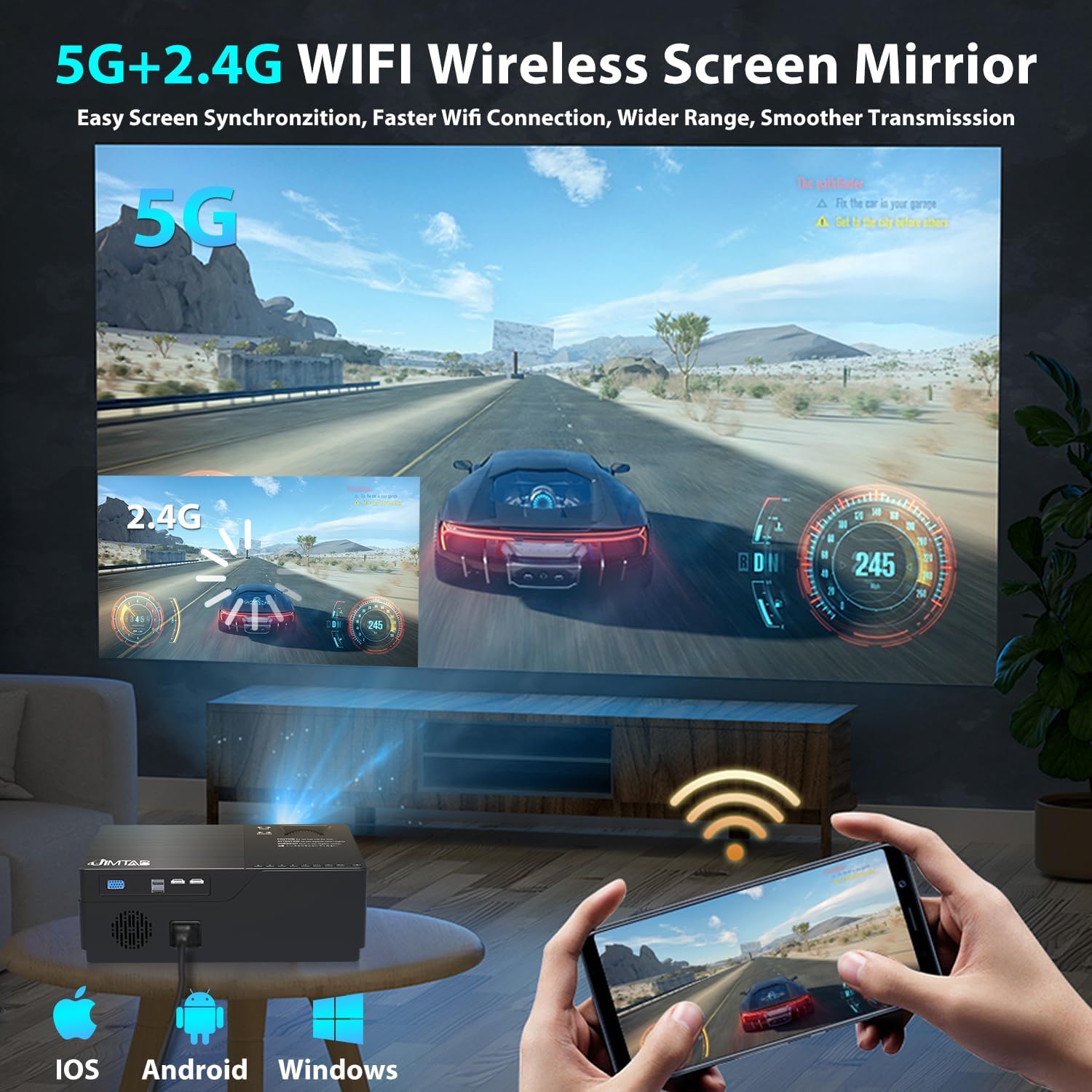 Projector wirelessly mirroring a phone screen