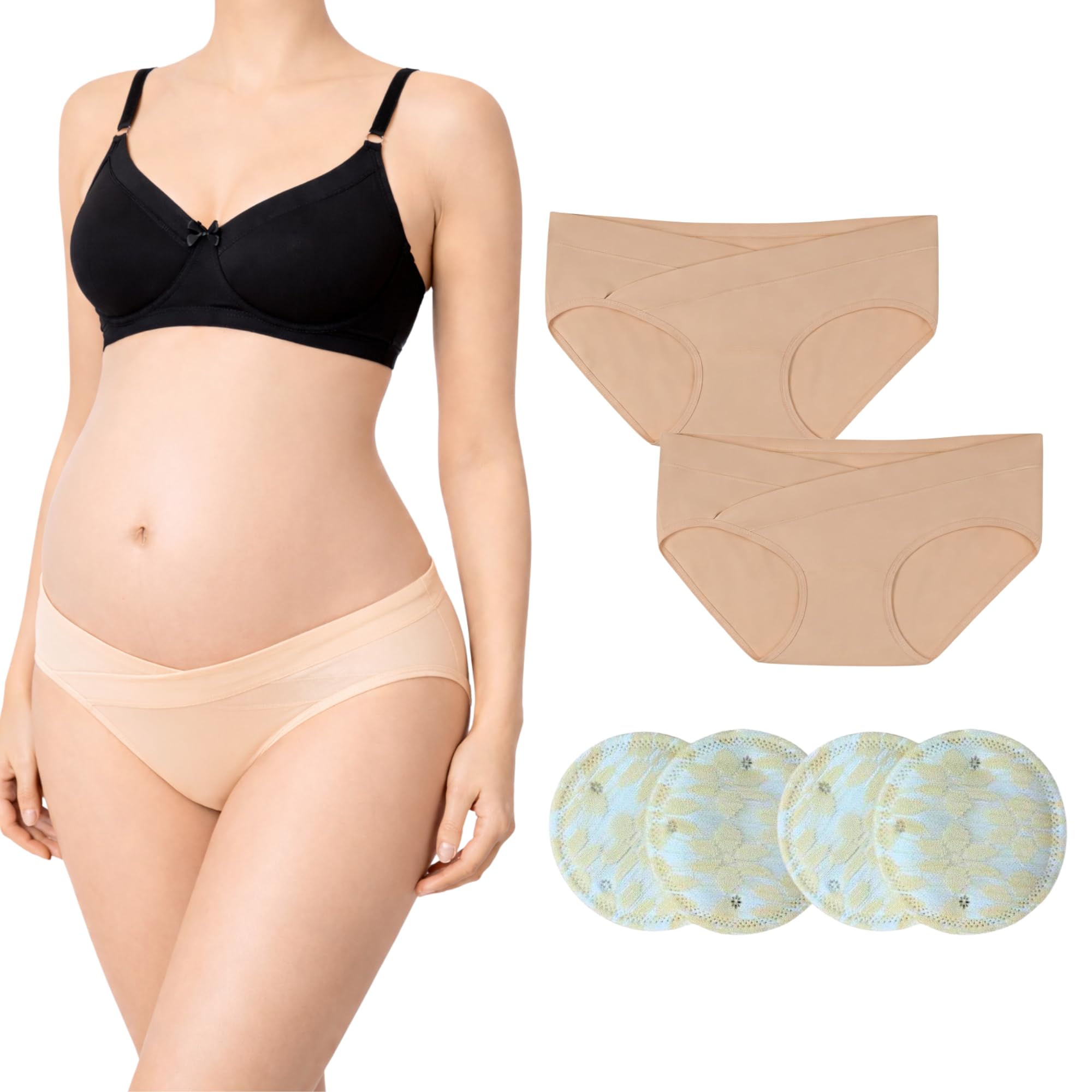 Maternity Combo Set | Bamboo Cotton 2-Low Waist Pregnancy Panty, 1-Non Padded Nursing Bra & 4pc-Reusable Nursing Breast Pads | Soft, Breathable Postpartum & Breastfeeding Essentials for New Moms-image-44