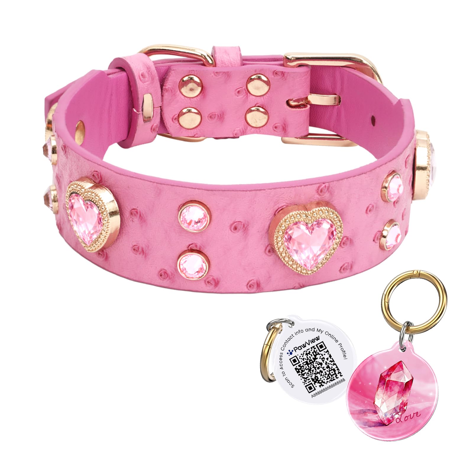 PawView Rhinestone Dog Collar with Smart QR Code ID Tag, Personalised Wide Adjustable Waterproof Leather Collar for Small, Medium & Large Dogs, Pink, M