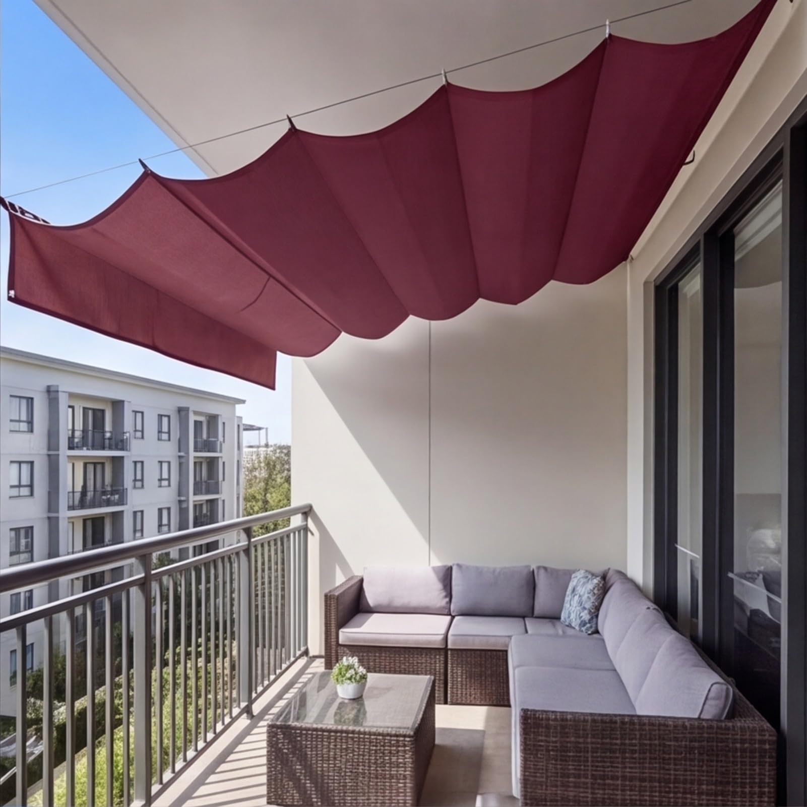 Wysuwany żagiel przeciwsłoneczny 2,1 x 2,2 m, z oczkami i sznurkiem, na wymiar, pergola, ochrona przed promieniowaniem UV, wodoszczelny, do markizy, tarasu, podwórza, werandy, pawilonu, czerwonego