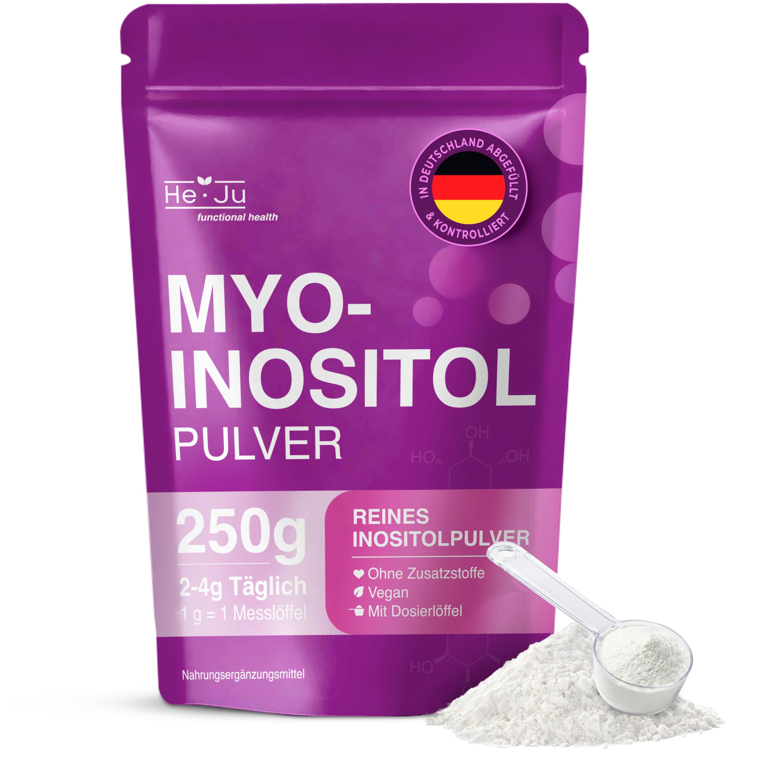 Myo-Inositol Pulver 250 g, 100% reines Inositol, hochdosiert 4000 mg pro Portion, vegan & geschmacksneutral, inkl. Dosierlöffel