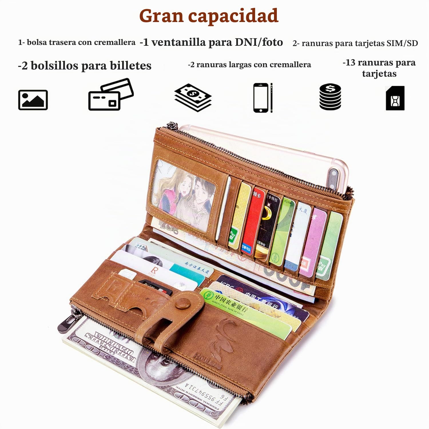 Roulens Cartera de Piel con Cremallera para Mujer con RFID Bloqueo,Monederos para Mujer Cartera de Mujer de Gran Capacidad de Cuero Genuino de Mujer