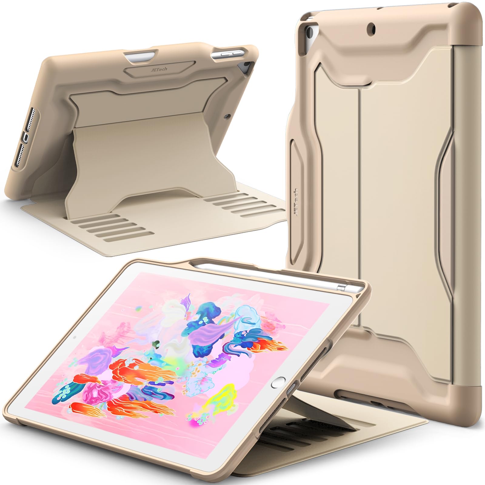 JETech Case for iPad 9.7-Inch 2018/2017 (6th/5th Generation) with Pencil Holder, Protective Multiple Angle Magnetic Stand, Shockproof (Gold)