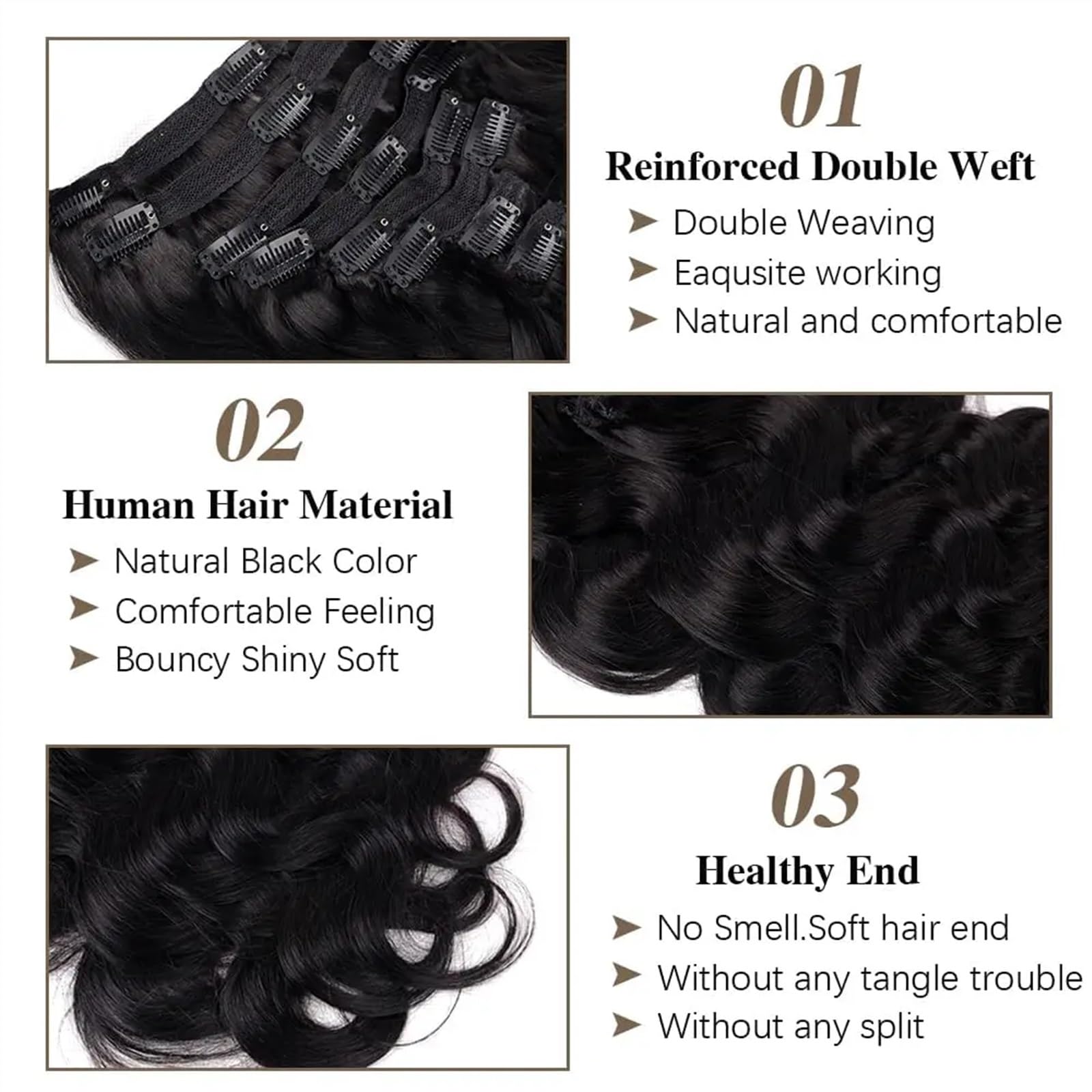 Przedłużanie włosów 8 sztuk doczepiane ludzkie włosy typu body wave, 120g miękkie doczepiane fale typu body wave naturalne czarne ludzkie włosy falowana treska dla kobiet Treska (Size : 24inches, Co