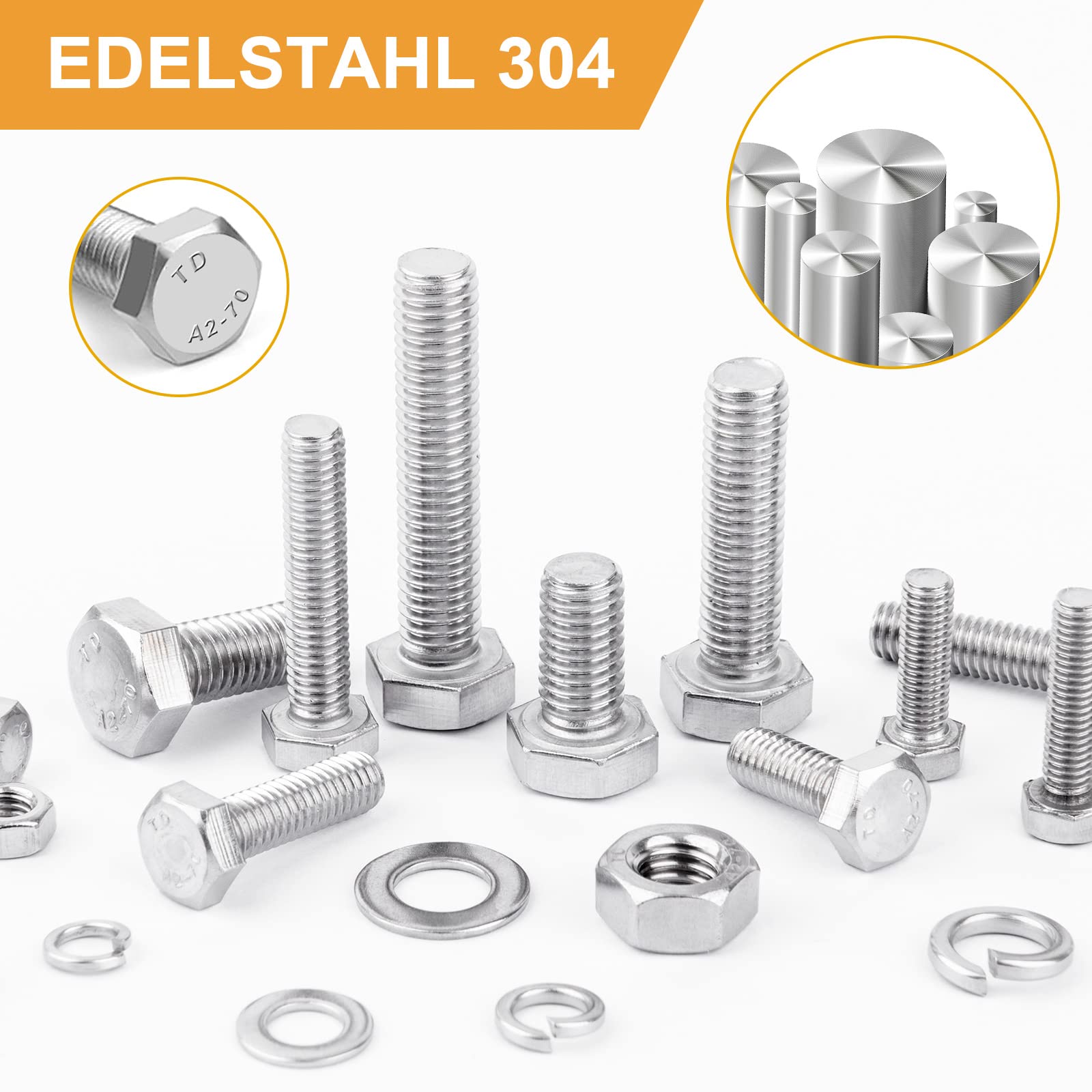 VIGRUE 408 Stück M5 M6 M8 Sechskantschrauben Edelstahl A2 Schrauben Set mit Muttern Unterlegscheiben DIN933 Bolzen Vollgewindeschrauben Maschinenschrauben Gewindeschrauben zur Reparatur