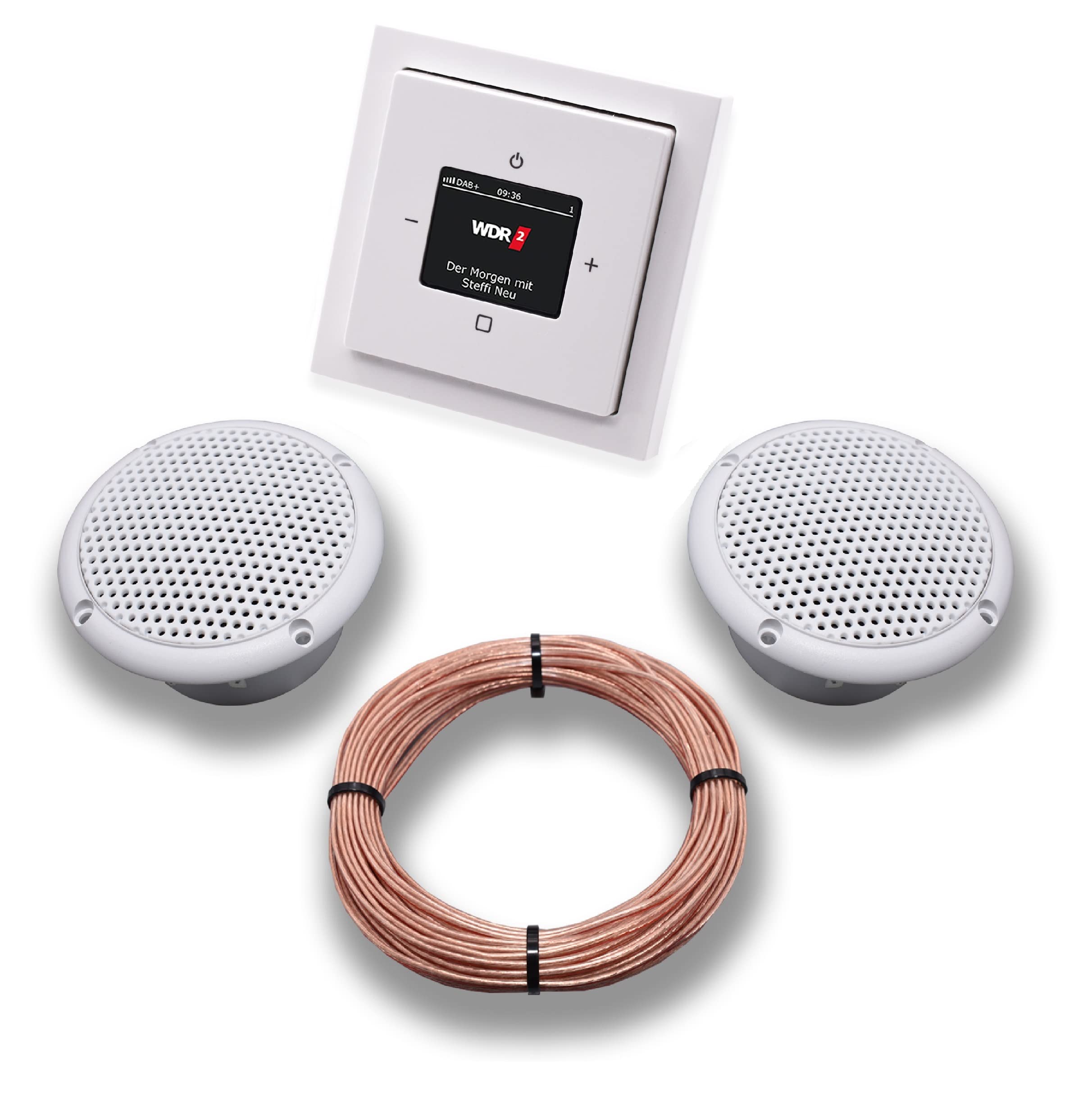 Busch Jäger DAB+ Flush-Mounted Flush-Mounted Radio DAB Plus 8215 U - 101 Future Linear Studio White - Complete Set + 2 x Ceiling Speakers Wet Room Bathroom + 20 m Speaker Cable 2 x 0.75 mm² 8215U-101
