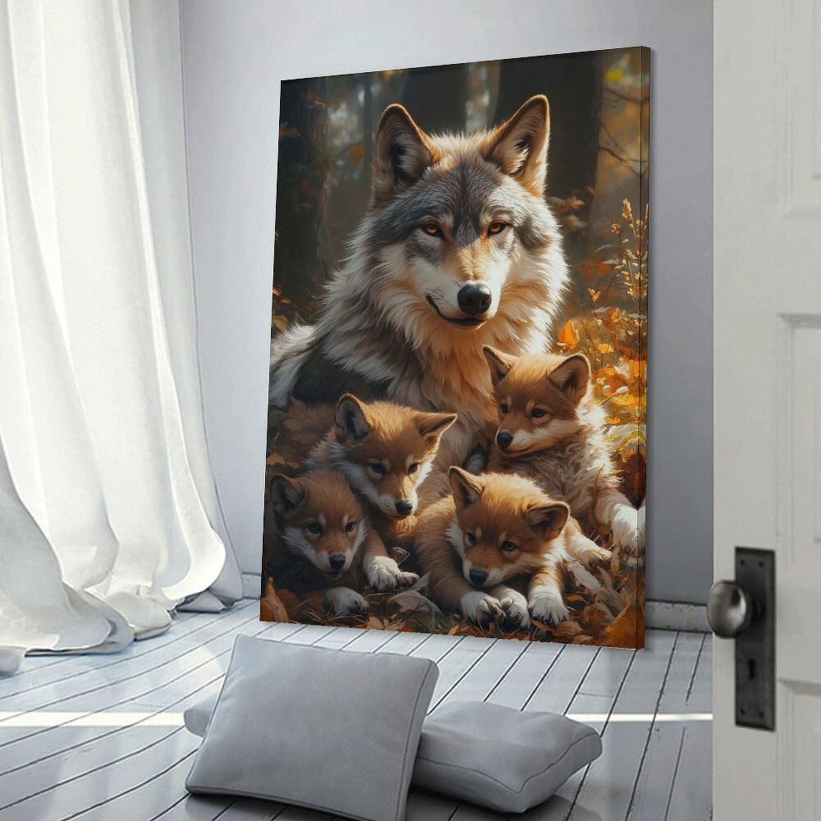 Junmoney Frame-Style-10 Wolf Family Portrait In Autumn Forest Decorative Canvas Print, 16X24inch(40X60cm), For Living Room, Bedroom Or Home Office, Canvas Artwork With Gifting Potential