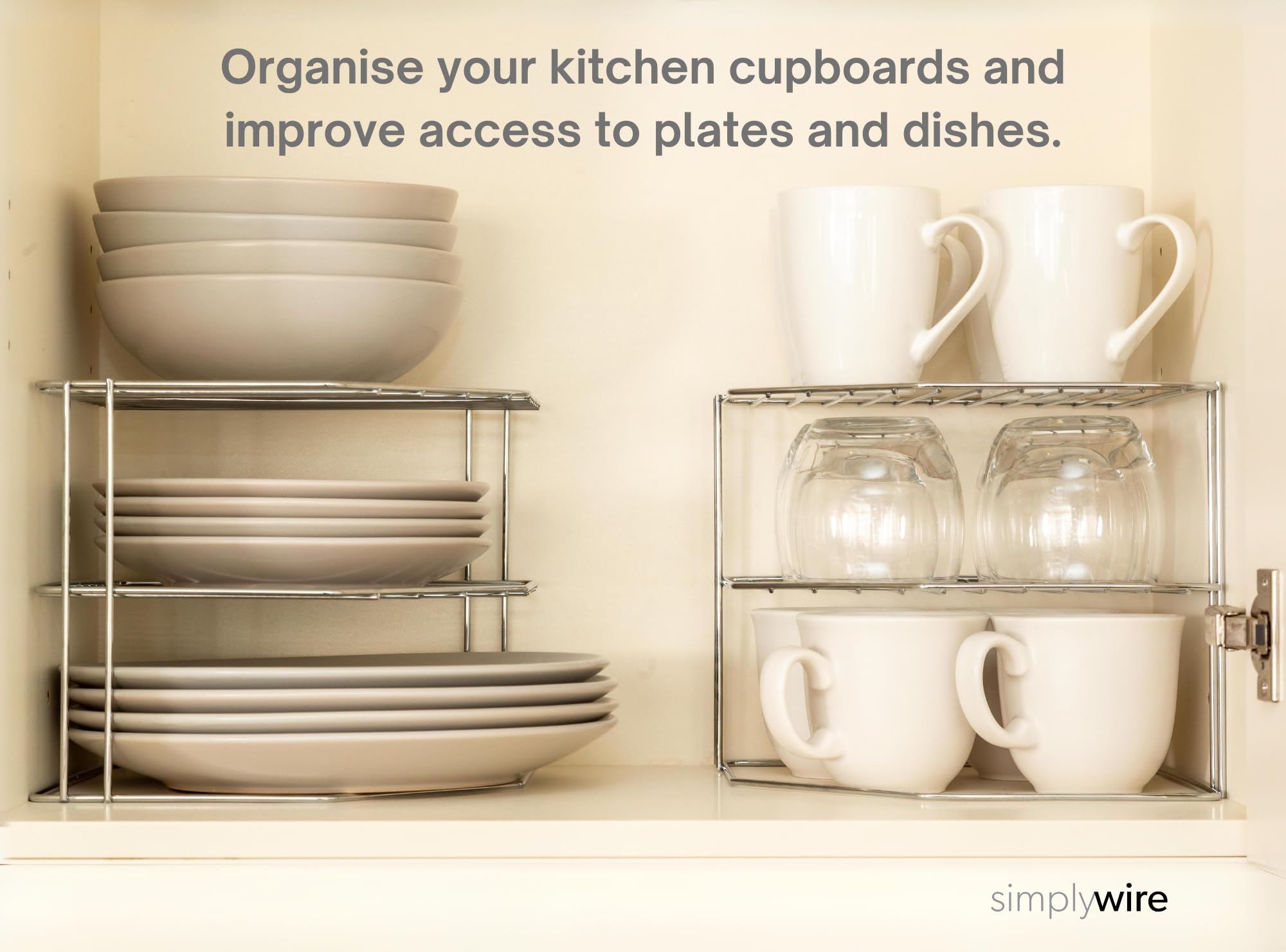 simplywire - 3 Tier Plate Racks - Pack of 2 Kitchen Cupboard Organisers - Chrome Coated Steel, 2 Pack - Image 2